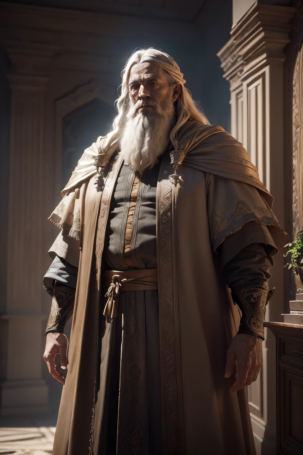 Image of a biblical character, called Abram, a 100-year-old man, ((clothes from the time before Jesus)), imposing figure, looking up, lighting coming from the clouds towards him, ((environment with plants)) before time of Jesus (professional 3D rendering: 1.3)(realistic: 1.3) ((lights on in the background, majestic environment)), 8k full body unit rendering, photo action, skin pores, very dark lighting, intense shading, detailed face, (vibrant, photorealistic, realistic, dramatic, dark, sharp focus, 8k), (Intricate: 1.4), Deteriorated, (highly detailed: 1.4), Digital Painting, Octane Rendering, Art Stations, Conceptual Art, Focus Soft Crisp, Illustration, (Global Illumination, Studio Light, Volumetric Light)