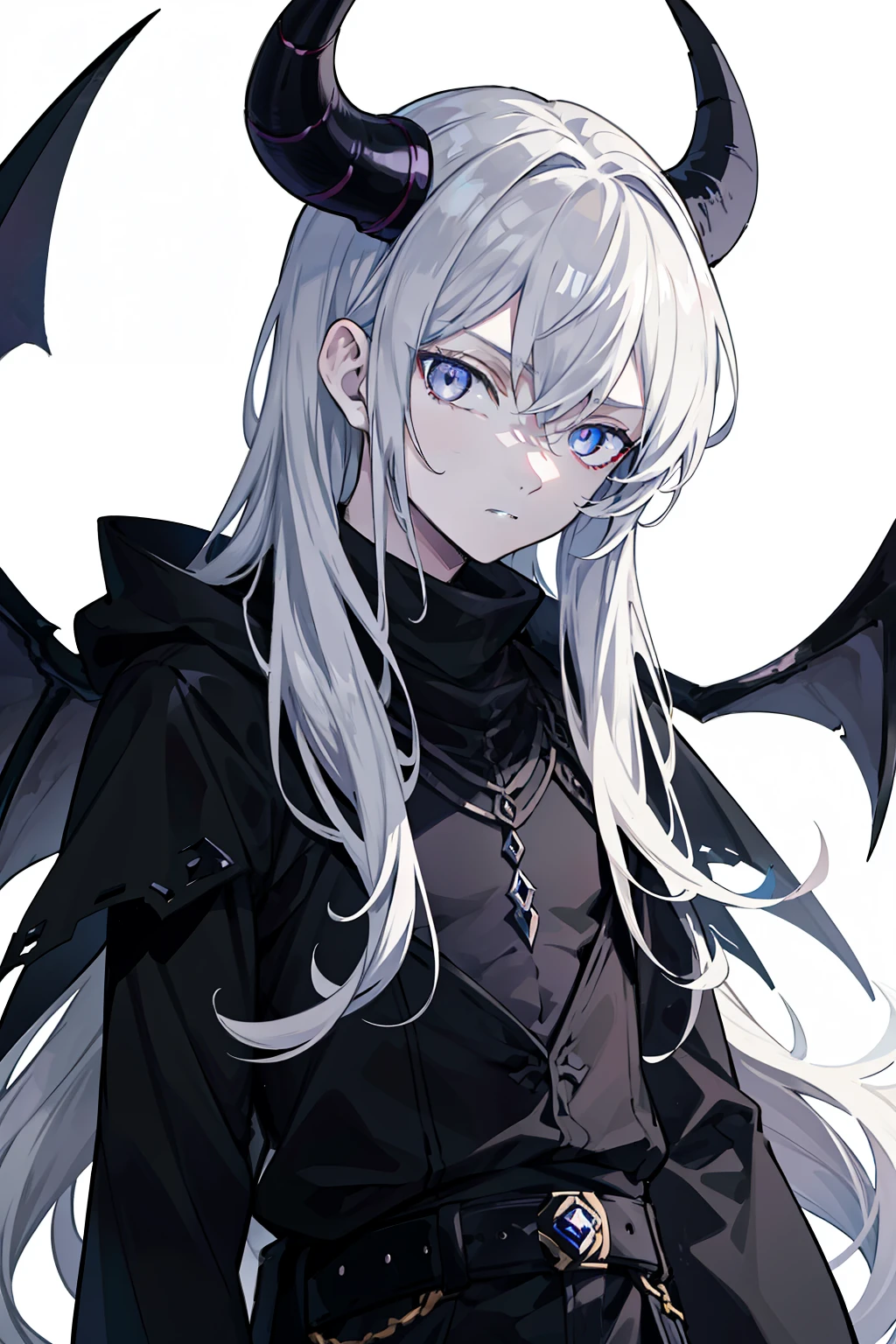 1boy, solo, super fine illustration, an extremely delicate and beautiful, Grey eyes, best quality, demon horns, youthful, dark and menacing, noble attire, white background, intense gaze, intricate details, otherworldly, fantasy.