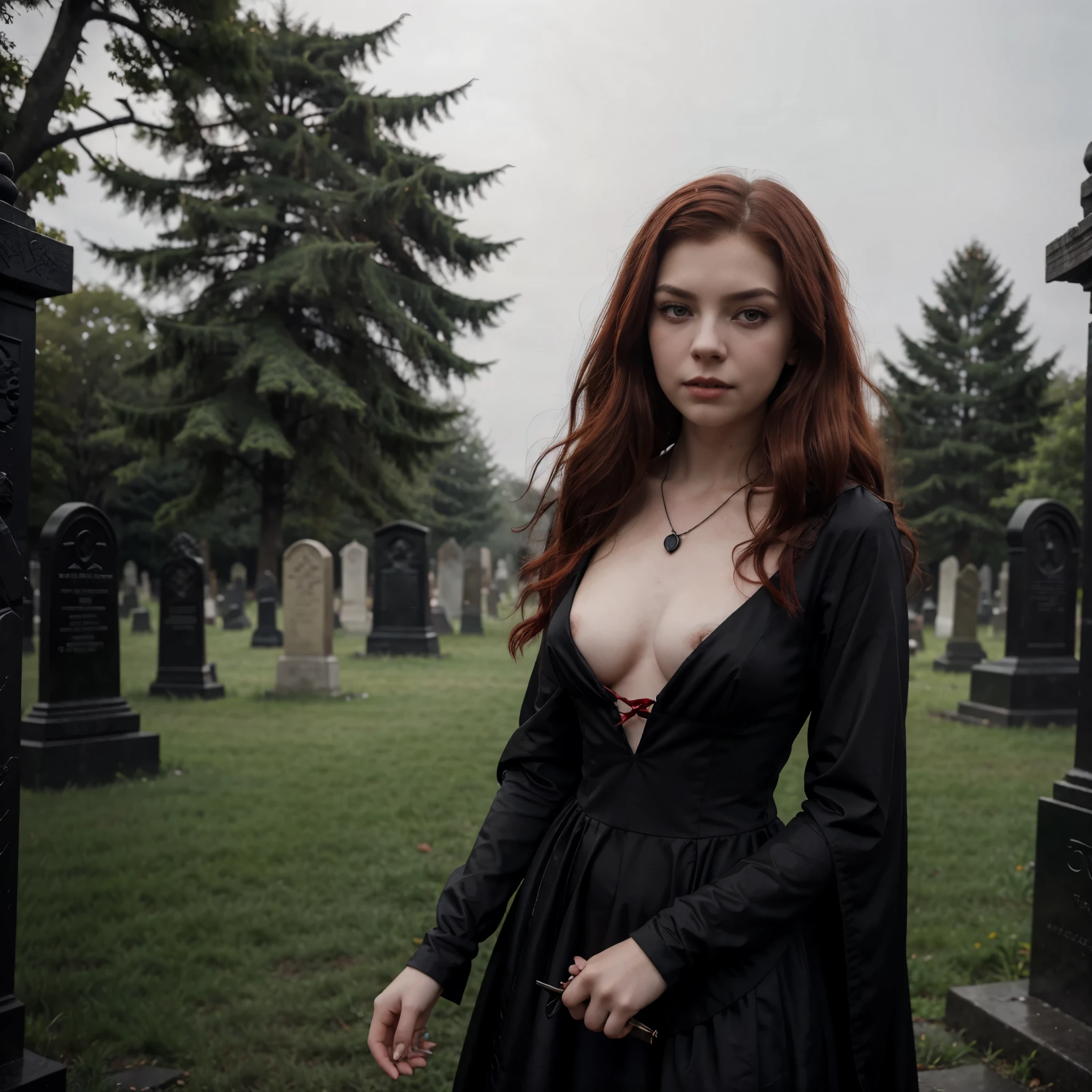 arafed woman in a black dress with short messy wavy red hair and a necklace, promotional still, anya taylor - joy vampire queen, artstyle tom bagshaw, beautiful female vampire, carmilla vampire, portrait of a young witch, vampire fashion, samara weaving vampire, tom bagshaw weta studio, with red hair, photo still, witchy clothing, beautiful female witch in fog filled graveyard