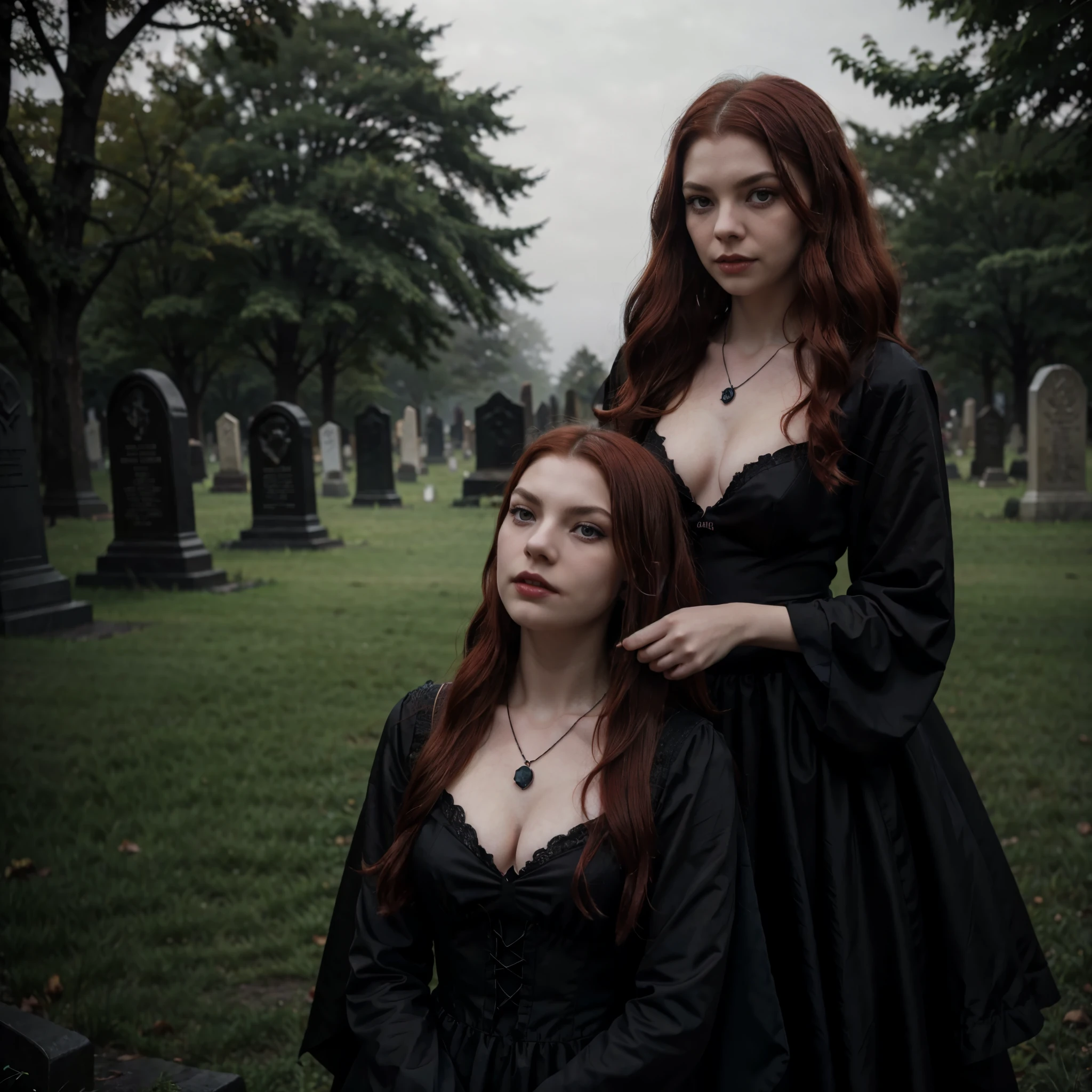 arafed woman in a black dress with short messy wavy red hair and a necklace, promotional still, anya taylor - joy vampire queen, artstyle tom bagshaw, beautiful female vampire, carmilla vampire, portrait of a young witch, vampire fashion, samara weaving vampire, tom bagshaw weta studio, with red hair, photo still, witchy clothing, beautiful female witch in fog filled graveyard