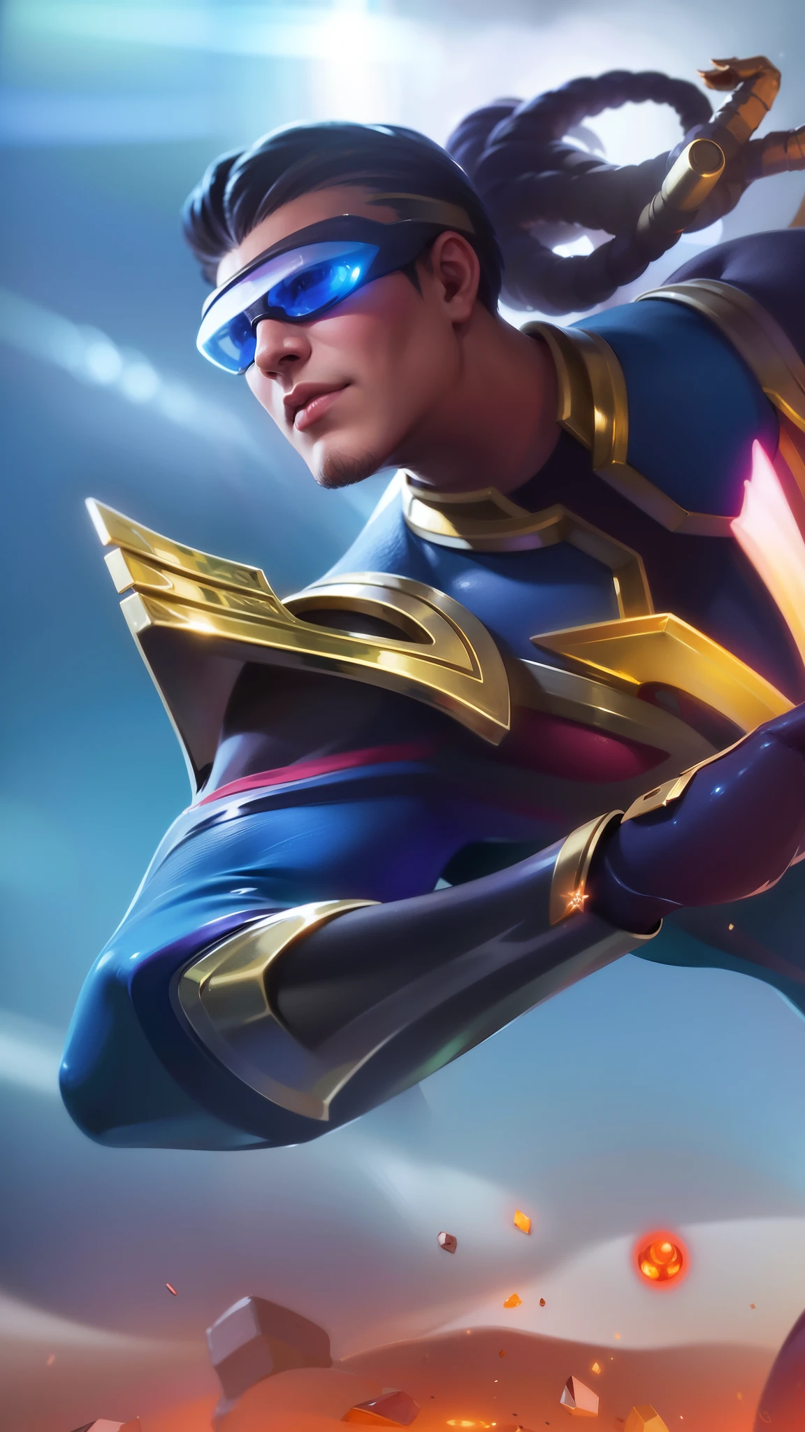 Masterpiece, ultra HD, detailed all picture, a close up of a devil, bruno from mobile legend, evil, extremely detailed artgerm, mobile legends character, inspired by bruno, Six pack chest and abs, yellow jewel above the chest.