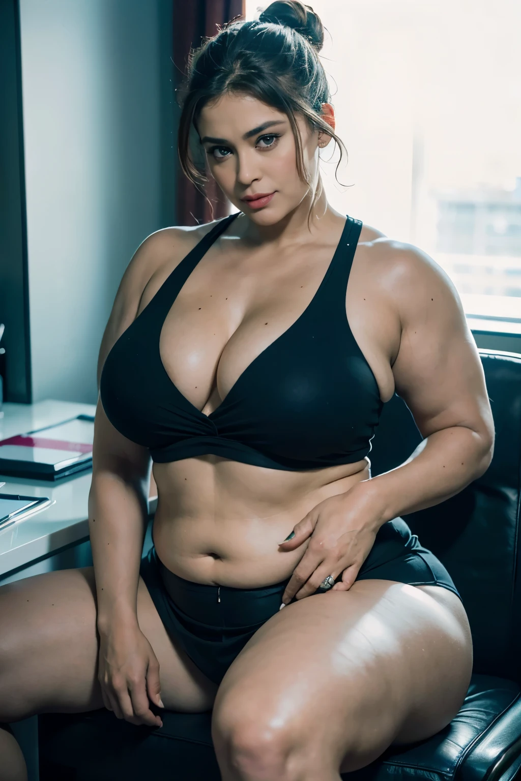 1girl, 43 years old milf plus size, bryce dallas howard, latina, ((hair tied-up professionally with no tail with streak of locks:1.2)), I'm wearing professional sexy psychiatrist attire: blouse under skimpy blazer and skimpy skirt accentuate my fleshy body and thick arms, (I have thick sexy arms:1.65), I'm wearing glasses looking at viewer seductively, (I'm fully clothed:1.65), (crossing legs - I'm sitting on psychiatrist couch), voluptuous, thick, curvy model body, fleshy juicy hips, glossy sweaty skin, (psychiatrist's narrow office dark room:1.5), accessories: marriage ring, upper body portrait, sexyposture, ((8K 、RAW photos、top-quality、tmasterpiece)、 Film Grain、High Detail RAW Color Photo Professional Photo、(hentail realism、Photorealism:1.37)、(top-quality)、(Best shadows)、(The best illustrations)、 8k wallpaper、physically-based renderingt、Cinematic lighting),