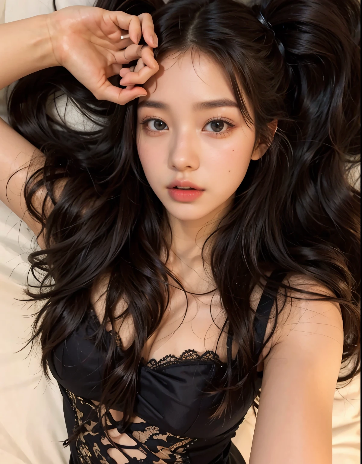 a close up of a woman with long black hair laying on a bed, beautiful south korean woman, with long hair and piercing eyes, beautiful asian girl, gorgeous young korean woman, xision wu, sha xi, 19-year-old girl, jaw-dropping beauty, gorgeous chinese model, asian girl with long hair, 18 years old, beautiful young korean woman, miyeon gidle