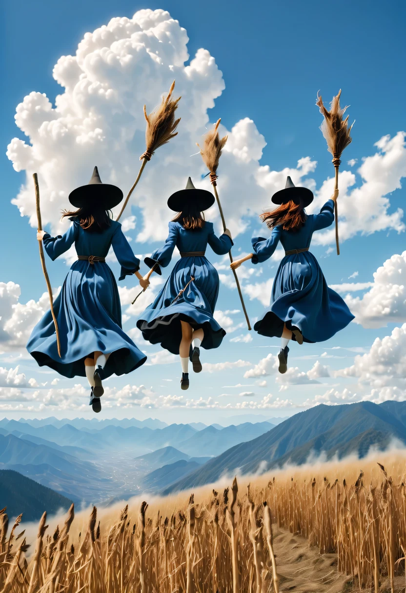 On a bright afternoon，Several sky witches race on broomsticks under the blue sky。They travel among the clouds，Intense competition，Chase each other。The background is the vast sky and distant mountains，Gives people a feeling of flying。