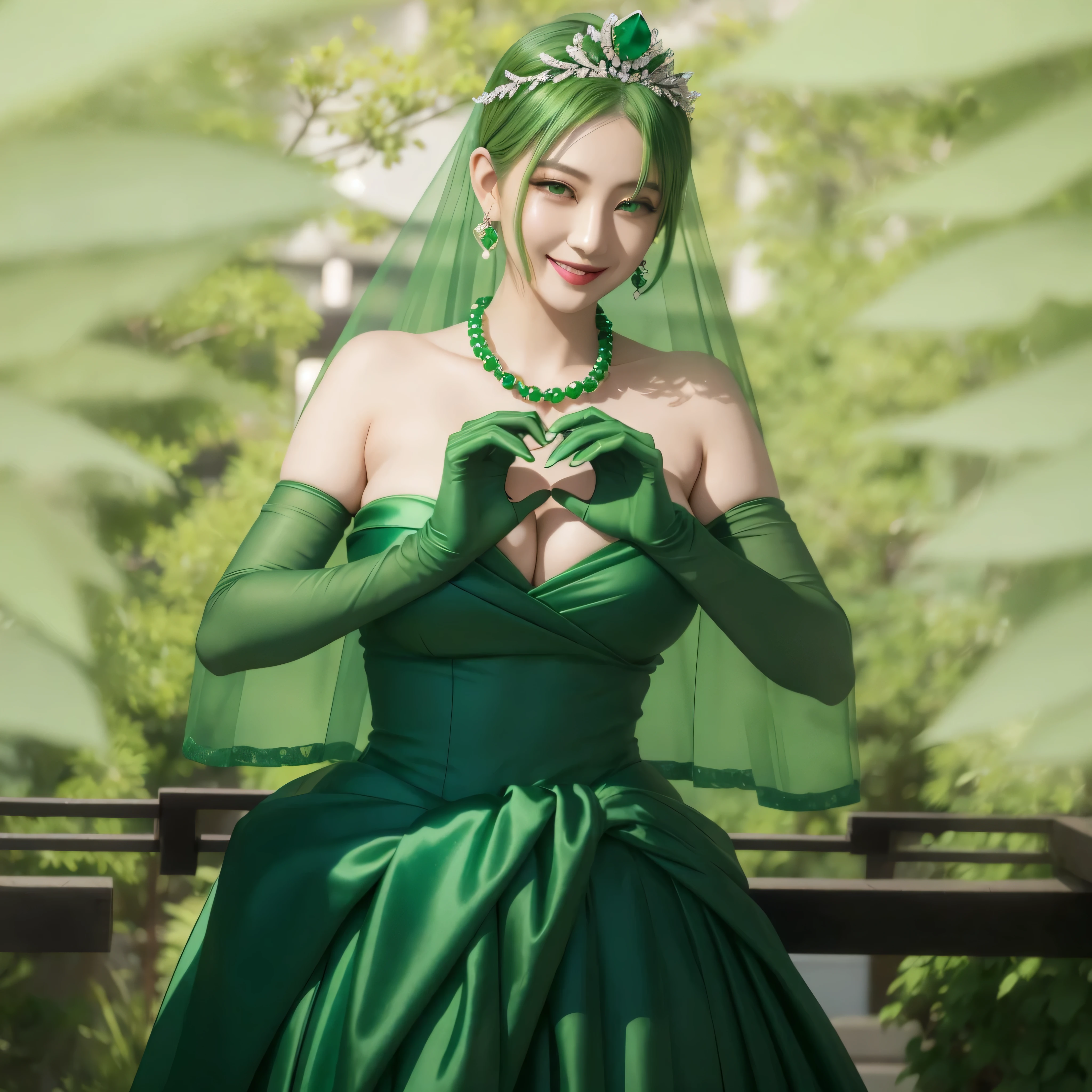 emerald tiara, green pearl necklace, ボーイッシュな非常に短いgreen hair, lipstick, smiling Japanese woman, very short hair, Beauty with large breasts, green eyes, Long Green Satin Gloves, green eyes, emerald earrings, green veil, heart with both hands, green hair, beautiful japanese woman, heart shaped hand:1.3