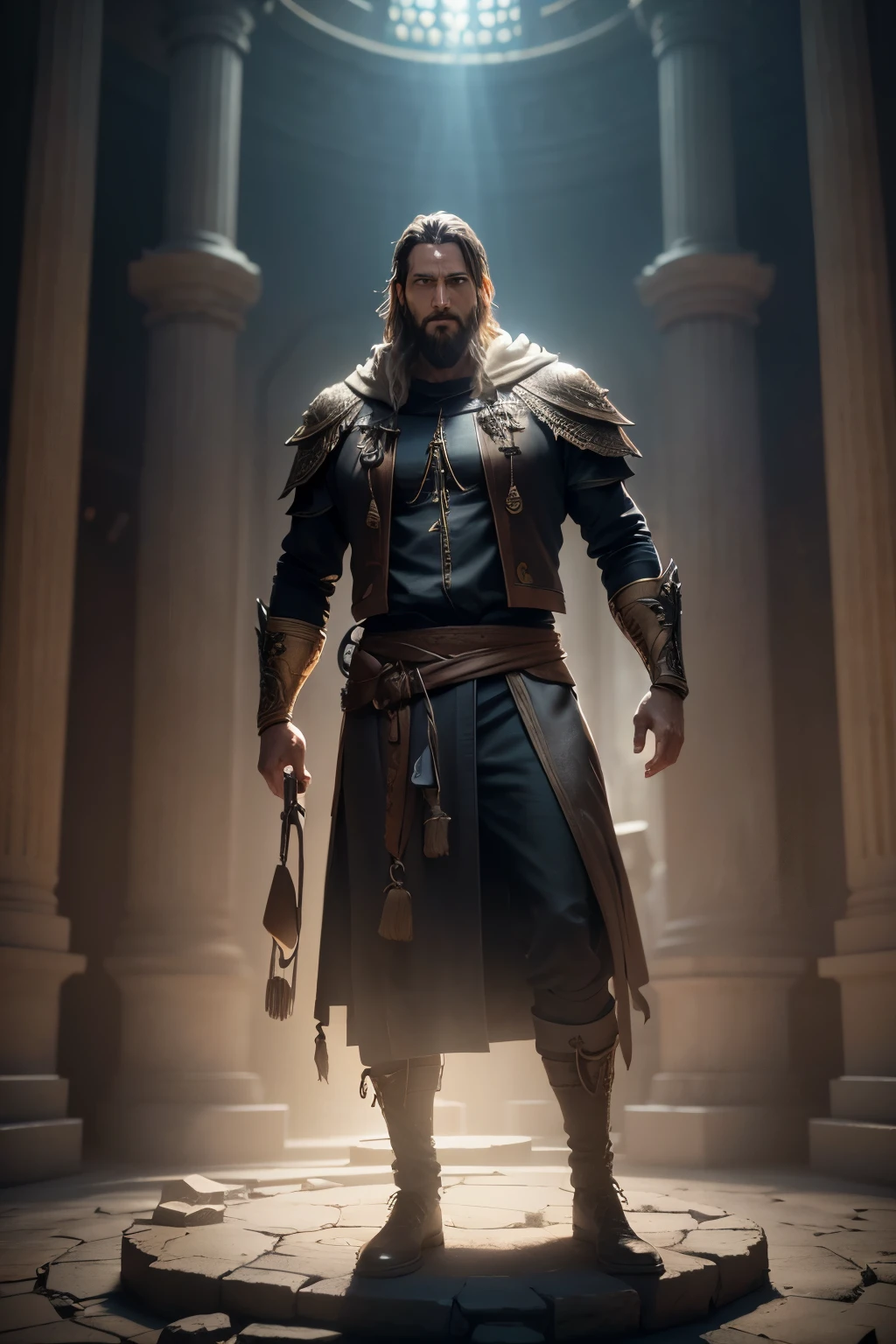 Image of a biblical character, called Isaac, a 35-year-old man, ((clothes from the time before Jesus)), looking up, lighting coming from the clouds towards him, on top of a sacrificial altar broken in half, ((environment with plants)) before the time of Jesus, (professional 3D rendering: 1.3)(realistic: 1.3) ((lights on in the background, majestic environment)), 8k full body unit rendering, action photography, skin pores , very dark lighting, intense shading, detailed face, (vibrant, photorealistic, realistic, dramatic, dark, sharp focus, 8k), (Intricate: 1.4), Deteriorated, (highly detailed: 1.4), Digital painting, Octane rendering, Art Stations, Conceptual Art, Sharp Soft Focus, Illustration, (Global Illumination, Studio Light, Volumetric Light)
