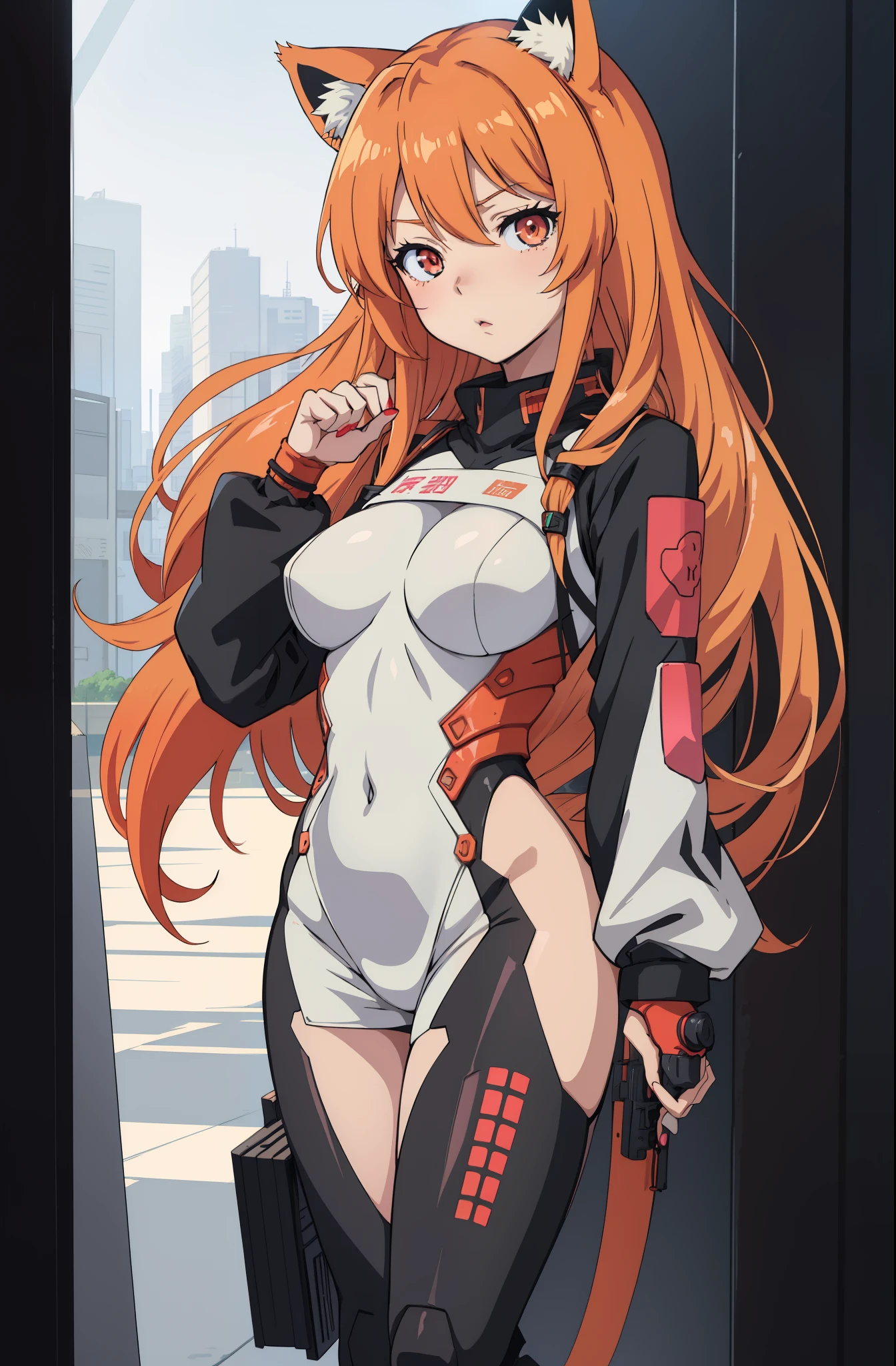 Large breasts, anime girl with long hair and a cat ears holding a gun, seductive anime girl, (anime girl), marin kitagawa fanart, anime girl with long hair, android heroine, attractive anime girl, anya from spy x family, full body zenkai! asuka suit, asuka langley souryuu, anime girl, female anime character, perfect android girl, asuka langley