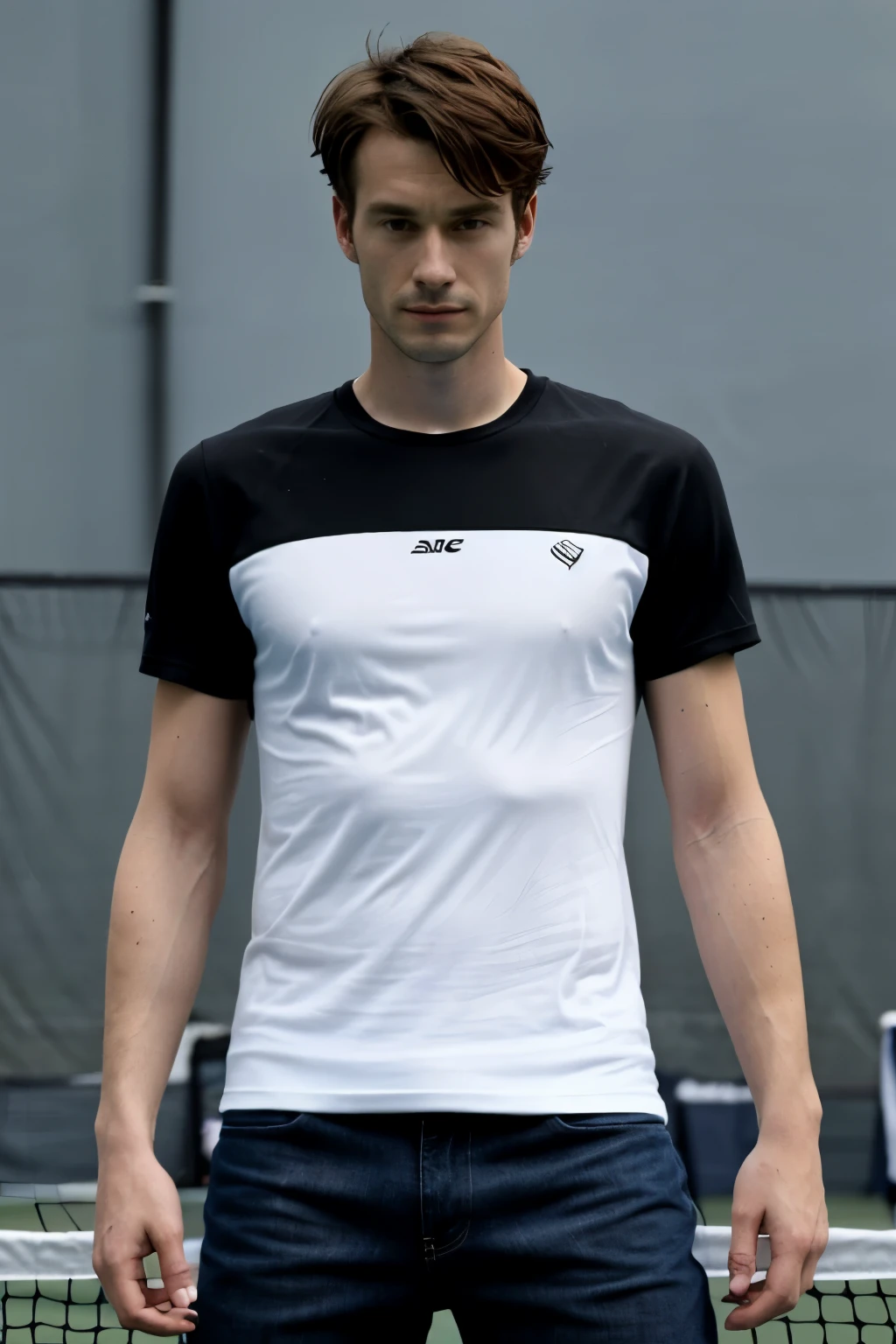 homme de 30 ans, hyper réaliste, portant un t-shirt noir surdimensionné et un jean blanc, joue au tennis 