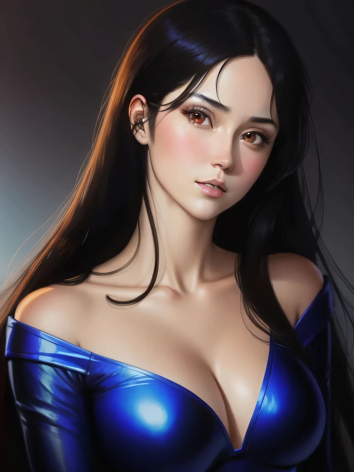 best quality,ultra-detailed,realistic,portrait,HitomiKisugi,1girl,long black hair,beautiful detailed eyes,beautiful detailed lips,eyelashes,brown eyes,blue bodysuit,off shoulder, vivid colors,HDR,studio lighting,sharp focus