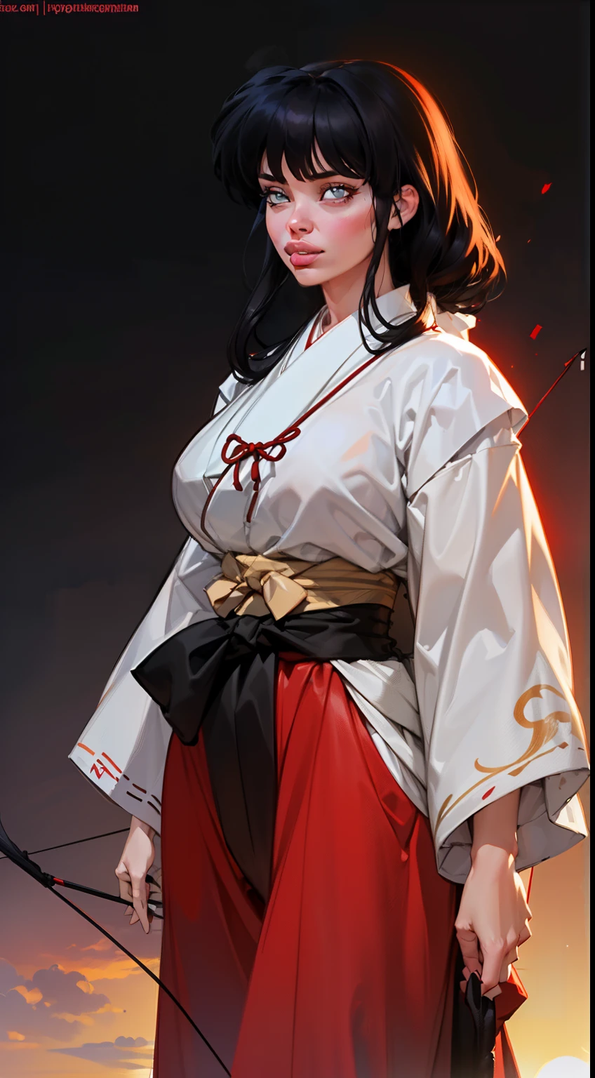 ((Dynamic view)), (((1girl:1.8))), ((long hair:1.3)), style, ((hair bangs:1.4)), anime style, (((kikyo))) (((black hair:1.6))) (((smoldering eyes))), ((kimono band around waist:1.5)), ((bow and arrow on back)), 8k, 4k, Unreal Engine 5, octane render, ((gigantic breasts)), trending on pixiv, ((inuyasha character)) ((red kimono:1.4)), , skeb, masterpiece,(skindentation:1.4), (full lips:1.5), ((red and white kimono:1.4)), (((sunset lighting))), smooth soft skin, big dreamy eyes, beautiful anime wide eyes, black background, concept art, digital painting,
