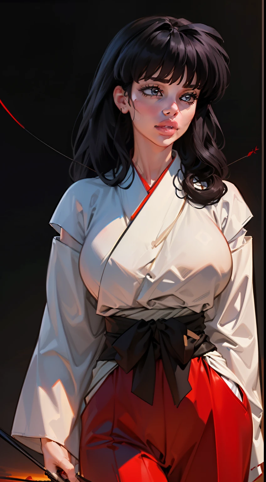 ((Dynamic view)), (((1girl:1.8))), ((long hair:1.3)), style, ((hair bangs:1.4)), anime style, (((kikyo))) (((black hair:1.6))) (((smoldering eyes))), ((kimono band around waist:1.5)), ((bow and arrow on back)), 8k, 4k, Unreal Engine 5, octane render, ((gigantic breasts)), trending on pixiv, ((inuyasha character)) ((red kimono:1.4)), , skeb, masterpiece,(skindentation:1.4), (full lips:1.5), ((red and white kimono:1.4)), (((sunset lighting))), smooth soft skin, big dreamy eyes, beautiful anime wide eyes, black background, concept art, digital painting,