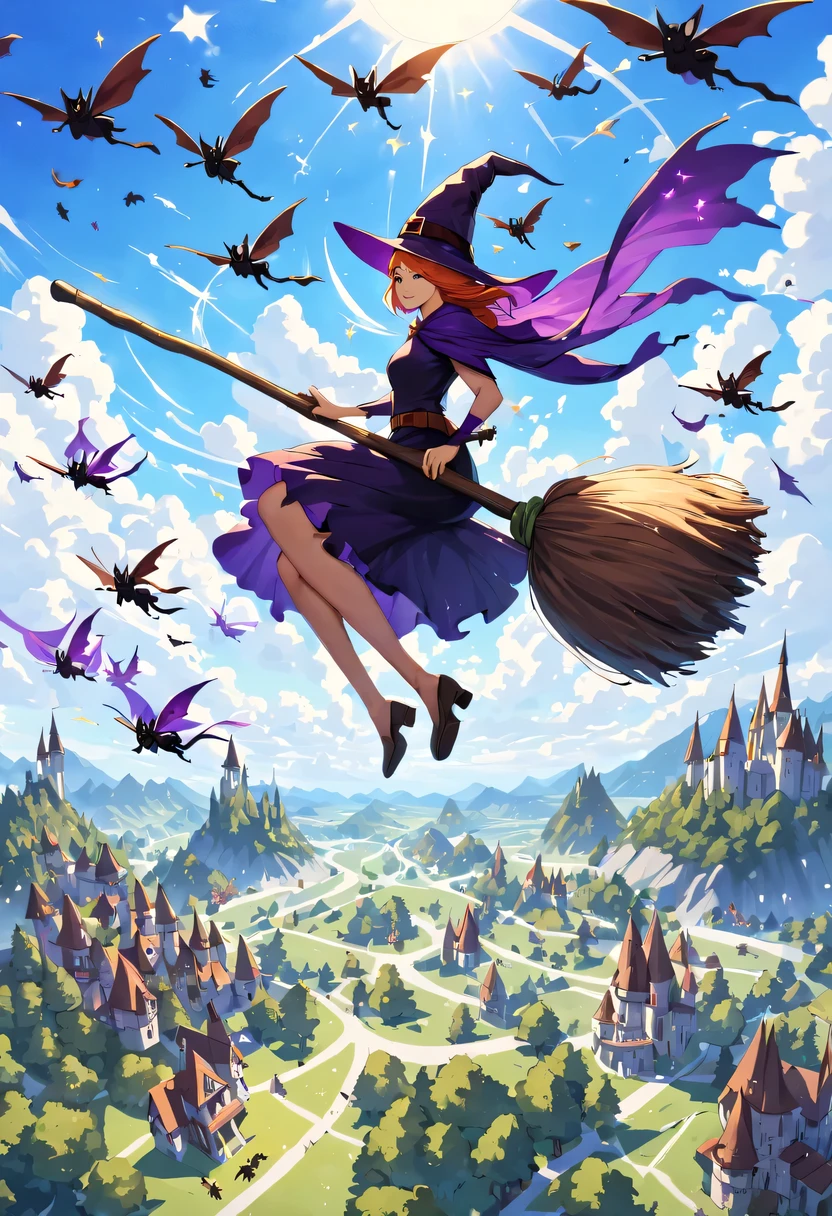 daytime，clear sky，Army of witches riding magic broomsticks，Fly in the sky，(flying on the broom:1.5)，many witches，epic magic fantasy，Epic fairy tale fantasy，