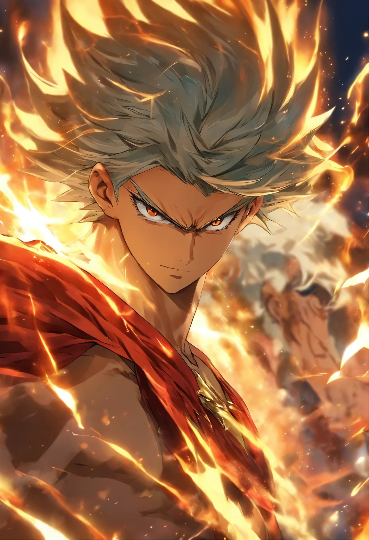 um personagem de anime masculino com cabelos brancos e olhos vermelhos, Character Album Cover, arte completa, personagem de fantasia, full art illustration, Retrato completo do elementalista, arte do perfil do personagem, arte oficial do personagem, official character illustration, Merlin, arte oficial altamente detalhada, arte chave do jogo, mobile game art, Presas, smug face, cabelos brancos, Sem camisa, corpo forte, corpo inteiro, Pose de caminhada, no shirt.