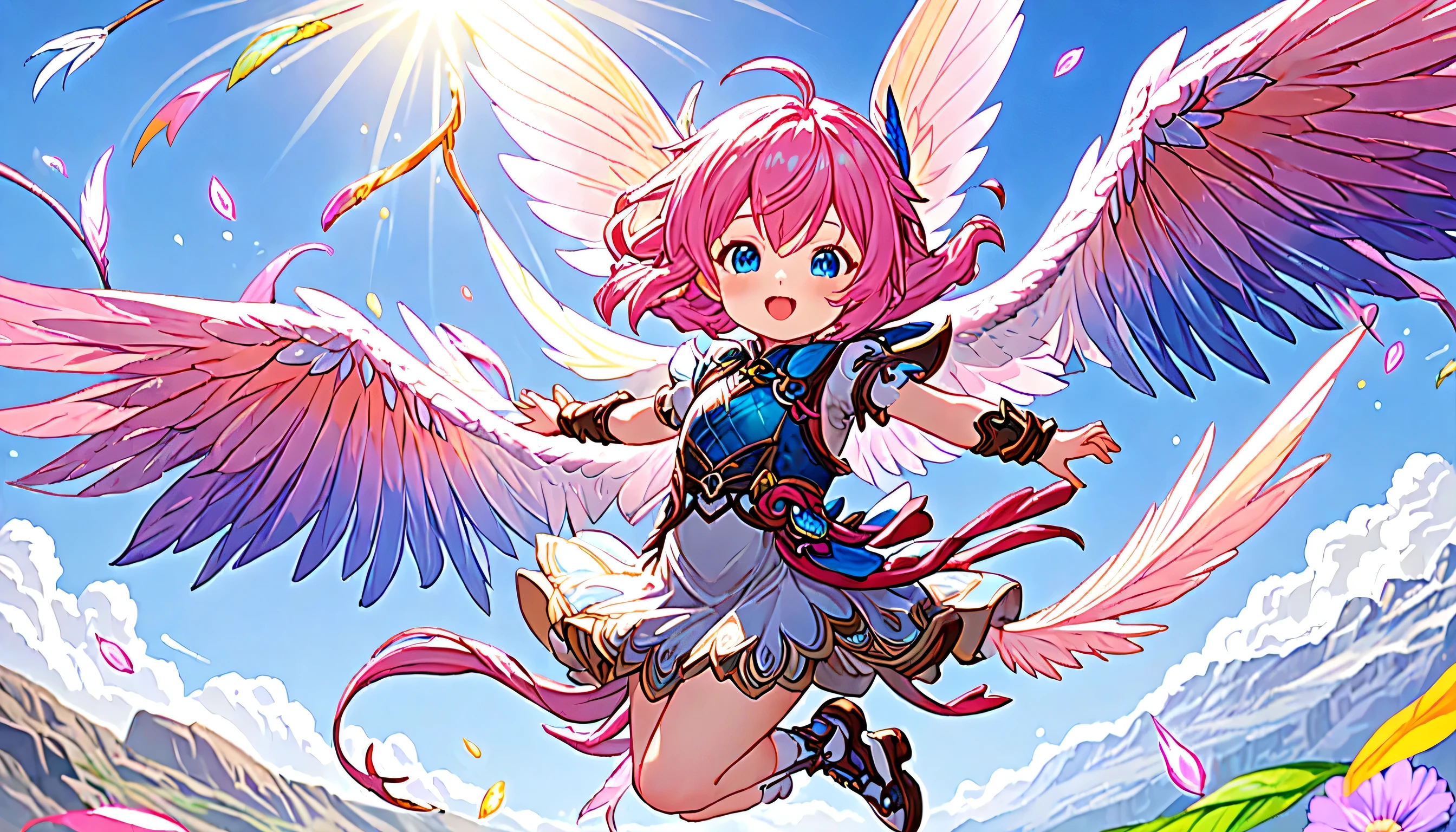 Flying Lalafell on Dragon in the skies of Eorzea, 1Lalafell, Olhos azuis brilhantes brilhando de alegria, Long flowing pink hair dancing in the wind, Vestindo uma roupa de aventureiro com um toque caprichoso, talvez adornado com penas ou detalhes florais, Translucent fairy wings shining as she flies, Expression full of enthusiasm and joy,Majestic and powerful dragon, with scales shining in the sunlight ,Asas de fada estendidas, mostrando seu tamanho impressionante e detalhes intrincados, gentle expression, melhor qualidade, ultra-detalhado, 8k.