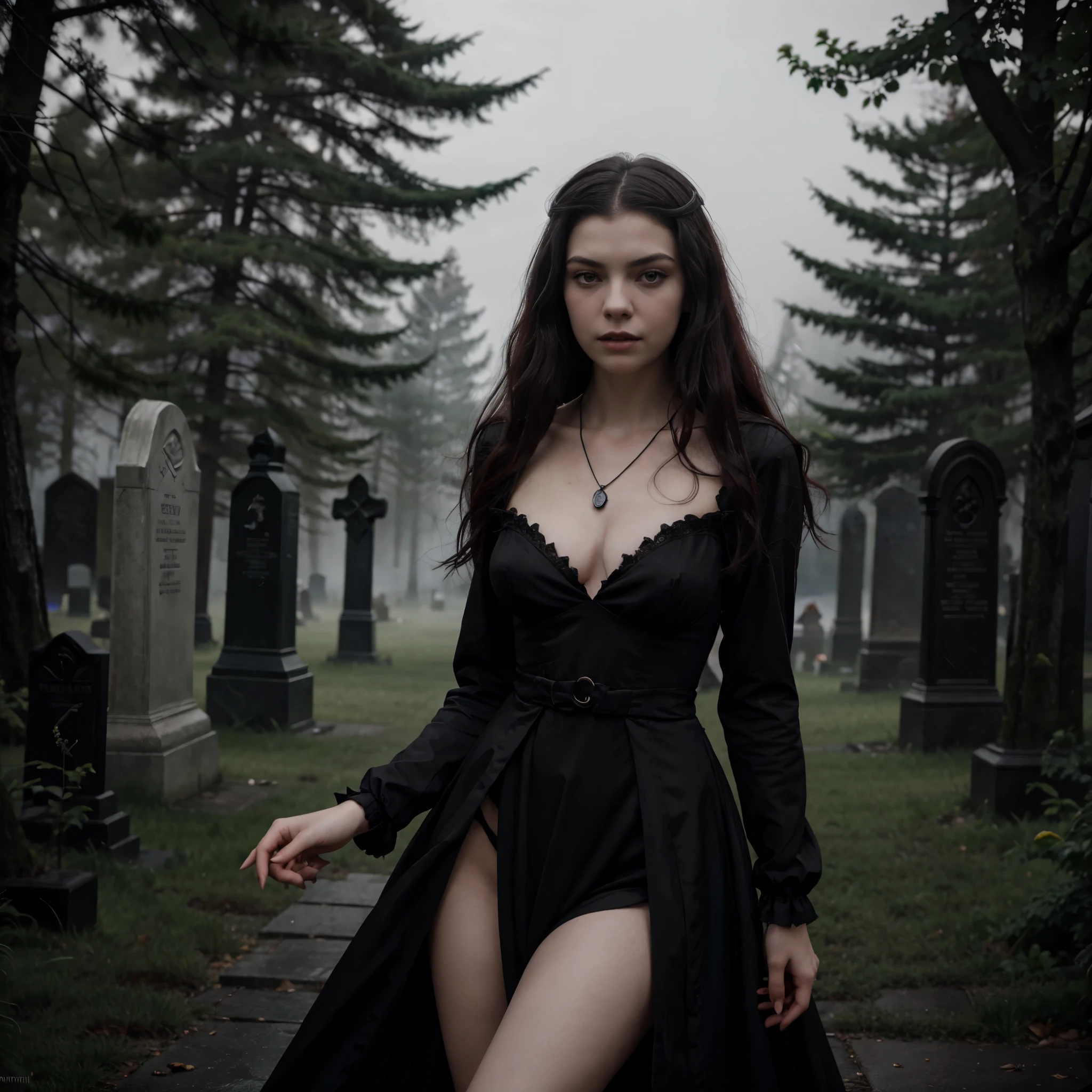 arafed woman in a black dress with short messy wavy black hair and a necklace, promotional still, anya taylor - joy vampire queen, artstyle tom bagshaw, beautiful female vampire, carmilla vampire, portrait of a young witch, vampire fashion, samara weaving vampire, tom bagshaw weta studio, with red hair, photo still, witchy clothing, beautiful female witch in fog filled graveyard, Photorealistic, 8k