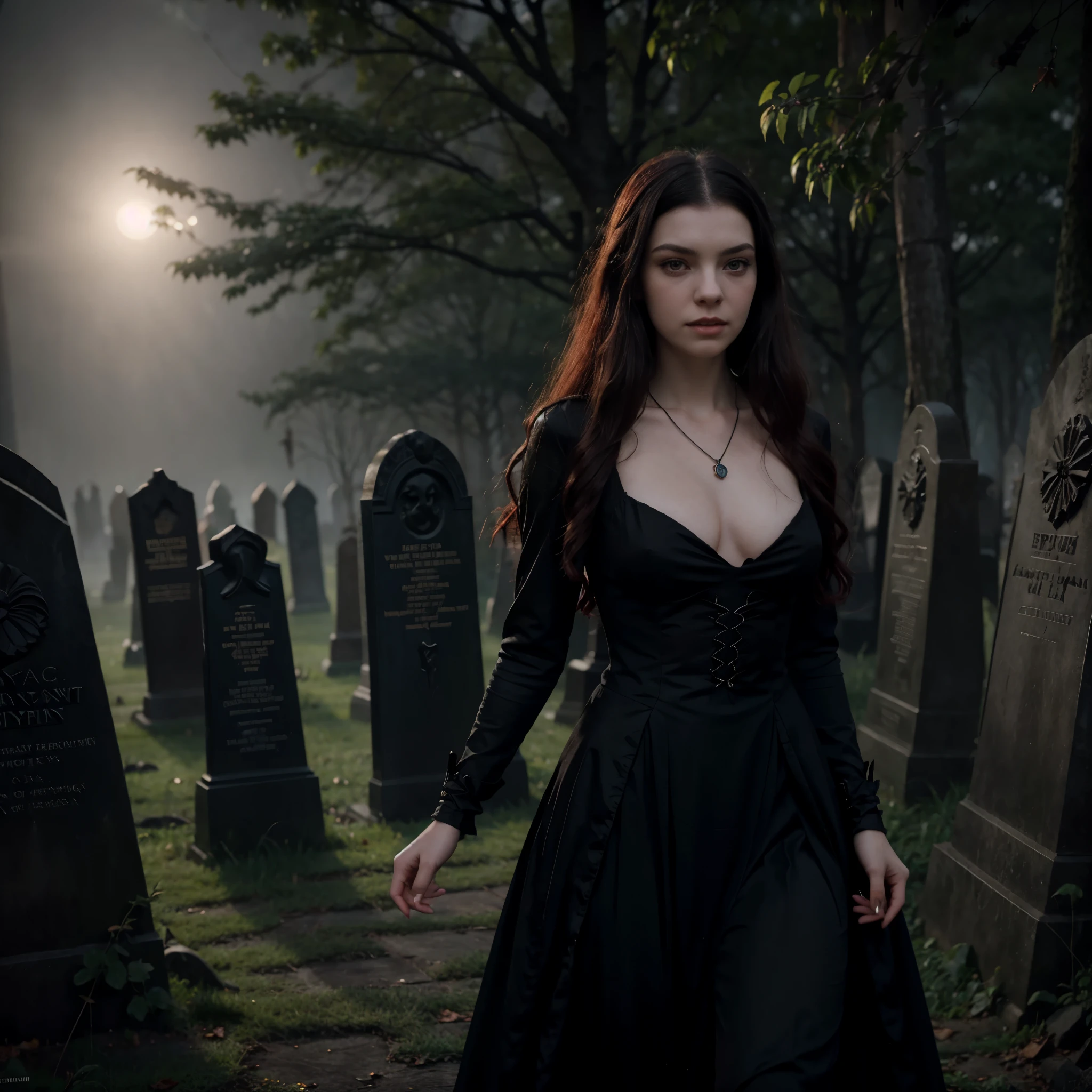arafed woman in a black dress with short messy wavy black hair and a necklace, promotional still, anya taylor - joy vampire queen, artstyle tom bagshaw, beautiful female vampire, carmilla vampire, portrait of a young witch, vampire fashion, samara weaving vampire, tom bagshaw weta studio, with red hair, photo still, witchy clothing, beautiful female witch in fog filled graveyard, Photorealistic, 8k