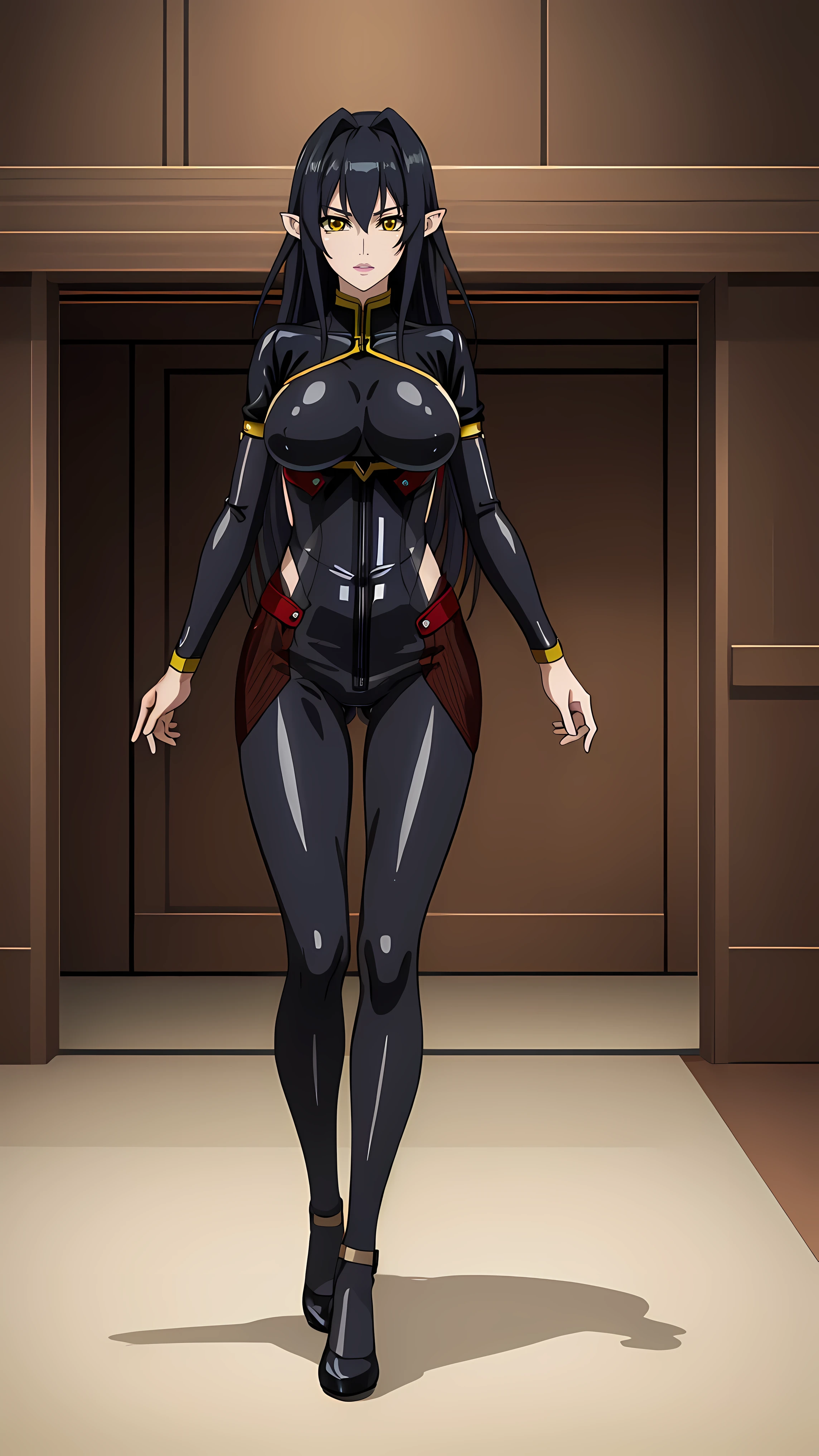 Annerose, 1girl, female mature, action pose, long hair, black hair, pointy ears, yellow eyes, large breasts, (bodysuit:1.05), higheels, shiny clothes, (skin tight:1.05), hair intakes, full body shot, perfect body, (athletic body:1.1), anime face, perfect face, perfect eyes, anime eyes, smoky eyeliner, eyeshadow, looking at viewer, sharp focus, intricate details, masterpiece painting, professional artwork, vivid colors, Diffused lighting, digital blending, ultra detailed body, ultra detail hair, ultra detail face, trending on pixiv, by Kagami Hirotaka, (((mature woman, mature female, 35yo))), Black Lilith, inside private room,