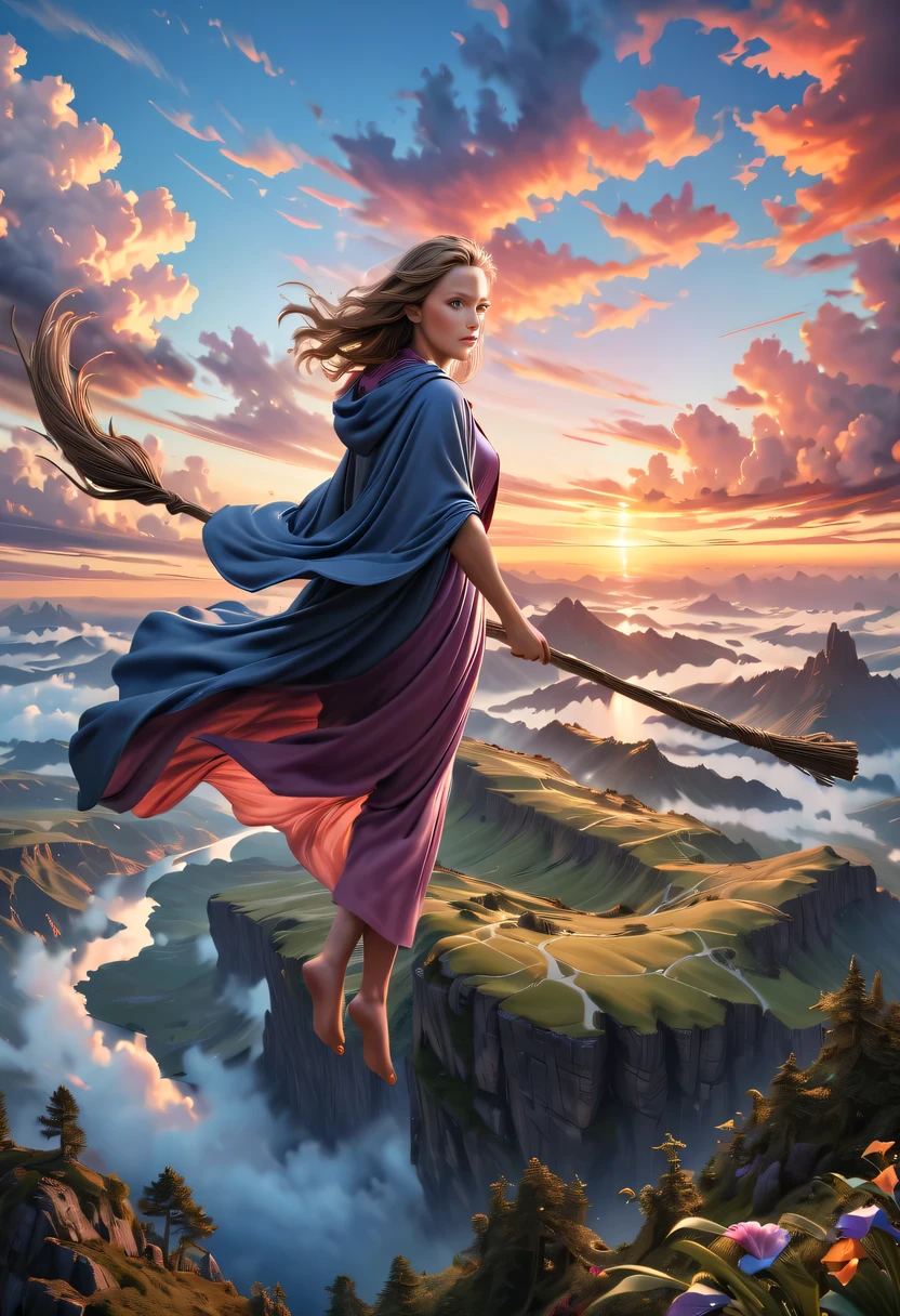 (best quality,4K,8k,high resolution,masterpiece:1.2),Super detailed,(actual,photoactual,photo-actual:1.37),Sky witch flying on a magic broom in the clouds,portrait,illustration,fantasy,glowing color,vibrant sunset,soft light,flowing robe,stunning scenery,Charming atmosphere.