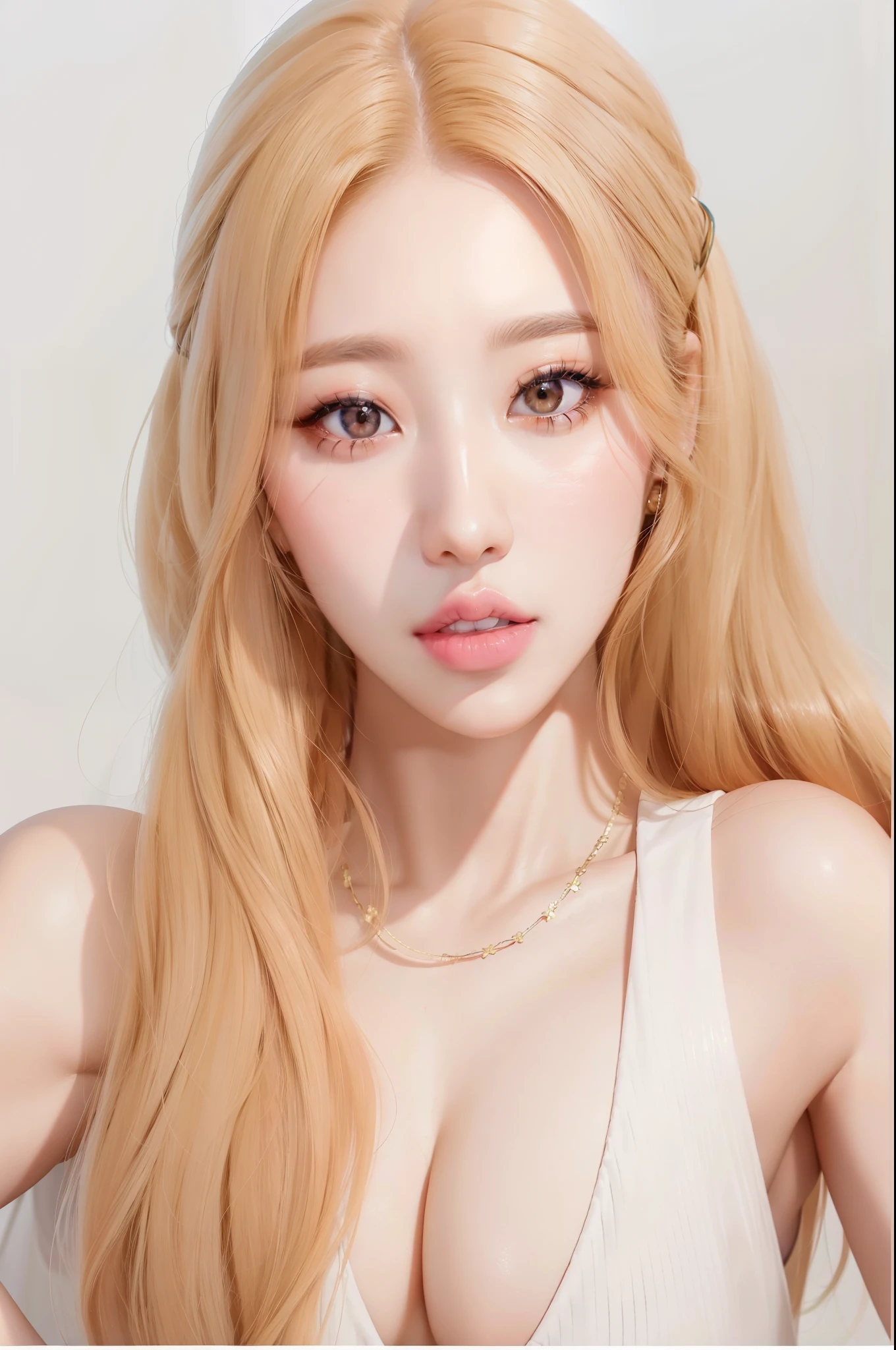 un primer plano de una mujer con cabello largo y rubio con un vestido blanco, maquillaje coreano popular, maquillaje popular de corea del sur, Jinyoung Shin, retrato de jossi de blackpink, jaeyeon nam, kim doyoung, heonhwa choe, TaeJune Kim, parque roseanne de blackpink, ulzzang, kpop idol portrait, sol yunjoo, hermosa joven coreana