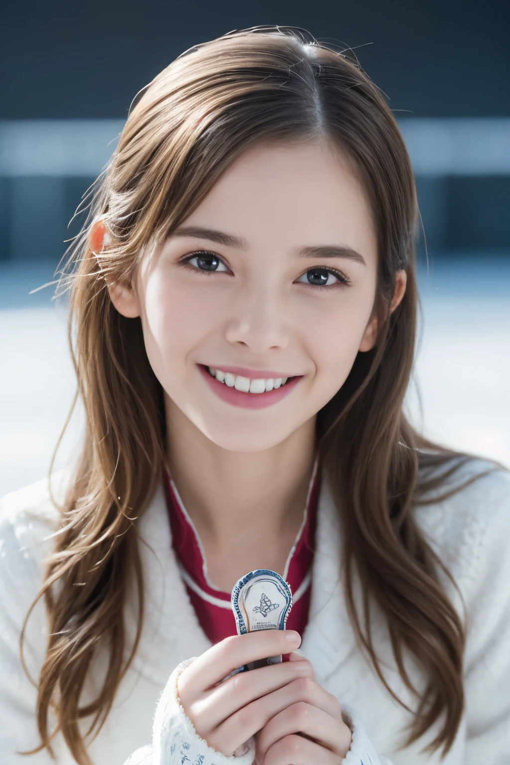 Masterpiece, Best quality, 8k, 18 ans, Photo brute, absurdes, Award-winning portrait, sourire, sourire, pure, french, winter, laces, figure skating, happy smile