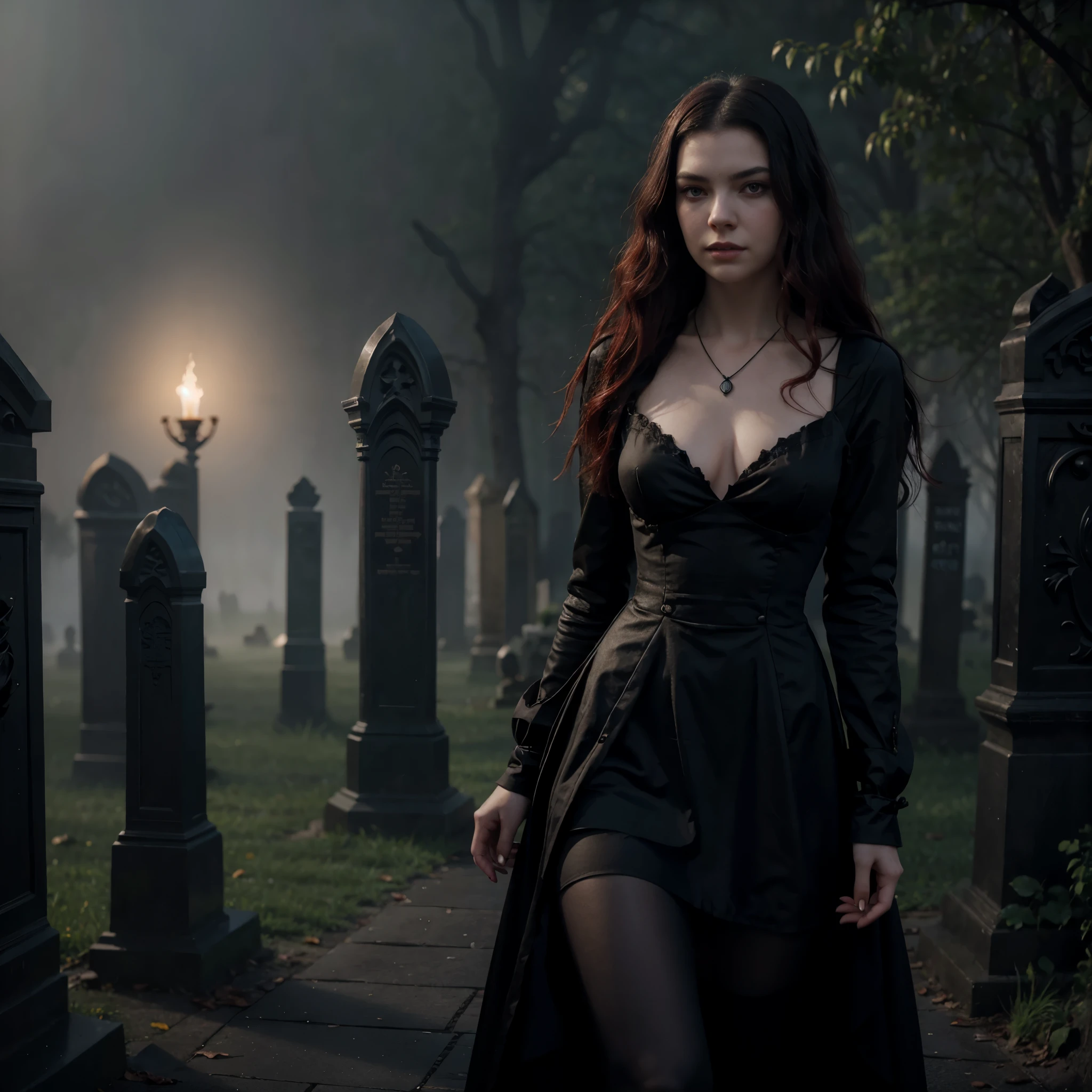 arafed woman in a black dress with short messy wavy black hair and a necklace, promotional still, anya taylor - joy vampire queen, artstyle tom bagshaw, beautiful female vampire, carmilla vampire, portrait of a young witch, vampire fashion, samara weaving vampire, tom bagshaw weta studio, with red hair, photo still, witchy clothing, beautiful female witch in fog filled graveyard, Octane style, Photorealistic, 8k