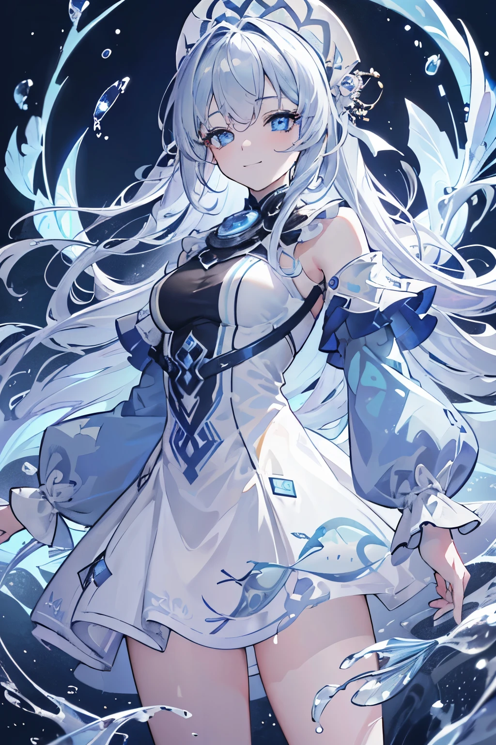 masterpiece, best quality, ((1 Girl)), (colorful),(finely detailed beautiful eyes and detailed face),cinematic lighting,extremely detailed CG unity 8k wallpaper, (light theme:1.6), blue Overcoat, grey hair and ((blue eyes)), blue enviroment, ice, girl, ageless, ((1 female)), body shot, ((fish parts)) (Tiny smile0