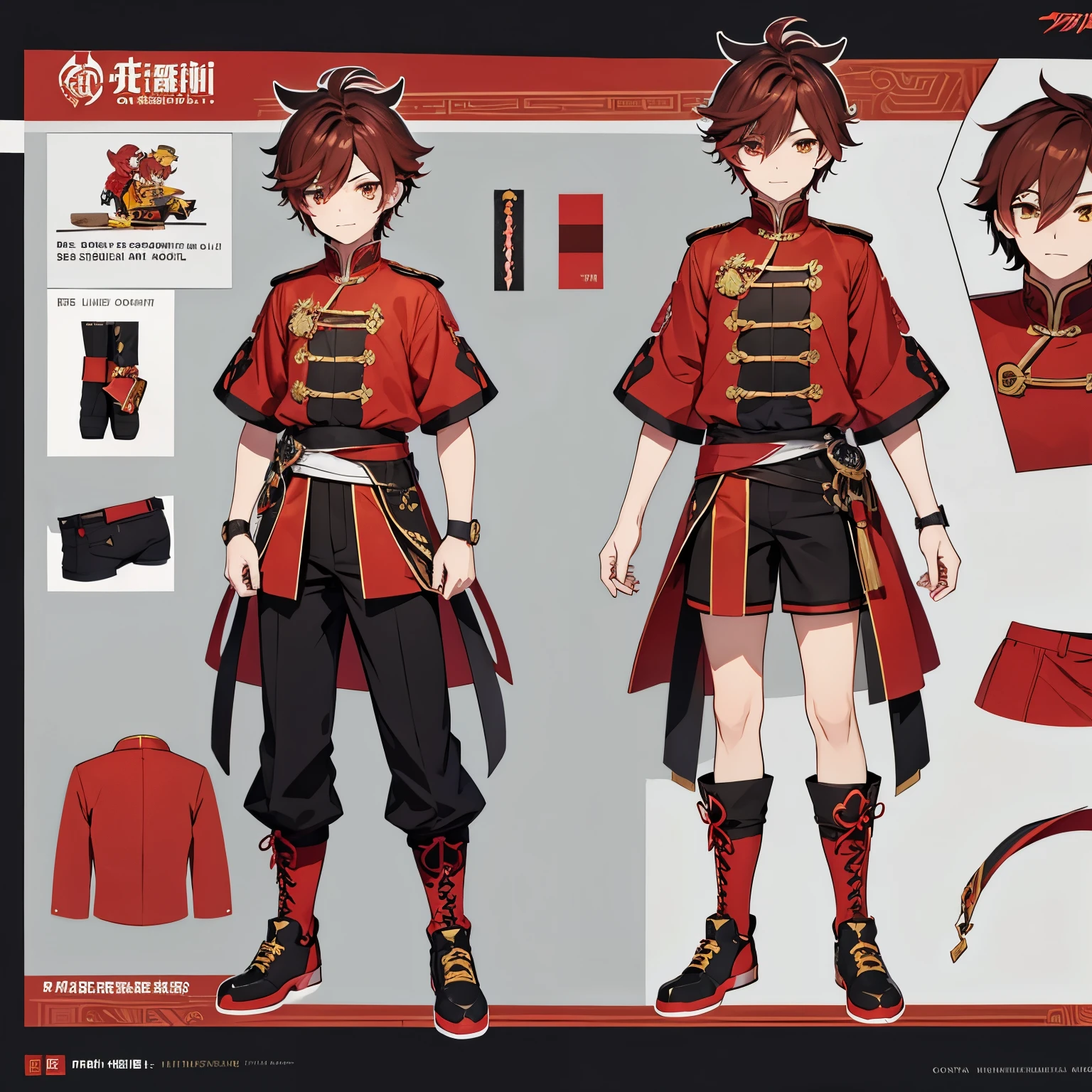 A concept art for a male  model in Genshin Impact, Genshin Impact, Concept art, Character design, Outfit design, Standing, Colourful red palette, Pyro, Xiao (Genshin Impact), detailed, full body, no background, Brown hair, red highlights, yellow eyes, 7 year old, 7 year old boy, outfit, Short sleeves, Short pants, Chinese themed, Liyue themed. 