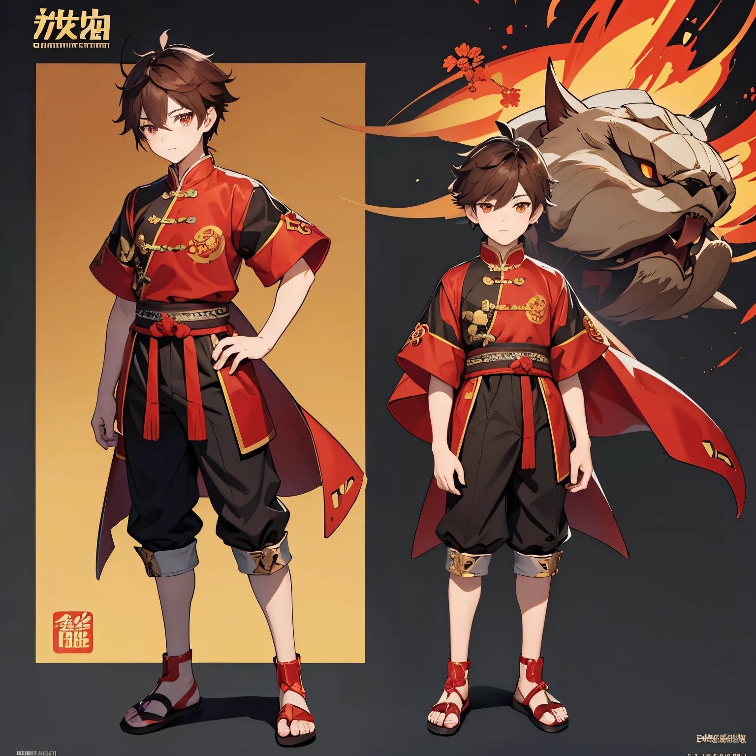 A concept art for a male  model in Genshin Impact, Genshin Impact, Concept art, Character design, Outfit design, Standing, Colourful red palette, Pyro, Xiao (Genshin Impact), detailed, full body, no background, Brown hair, red highlights, yellow eyes, 7 year old, 7 year old boy, outfit, Short sleeves, Short pants, Chinese themed, Liyue themed. 