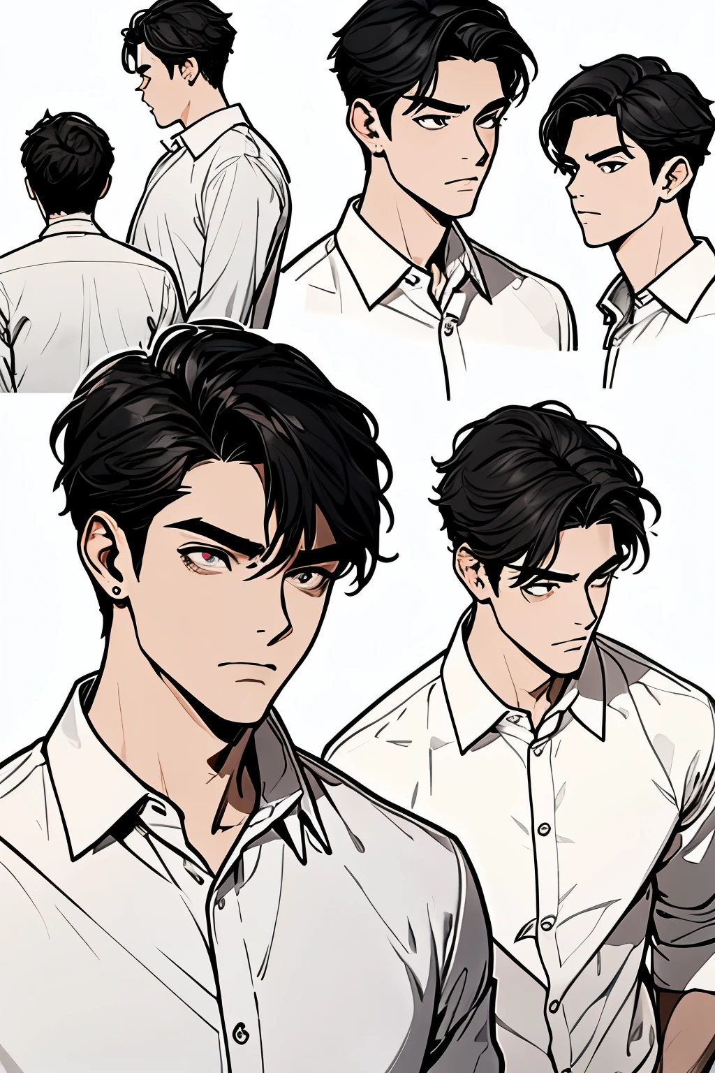 ((1boy)), black hair, detailed eyes, white shirt, handsome young man, 20 year old, emoji pack, multiple angles, 8 different angles, different emotions, same character, side profile, angry, screaming, showing teeth, grit teeth, looking up