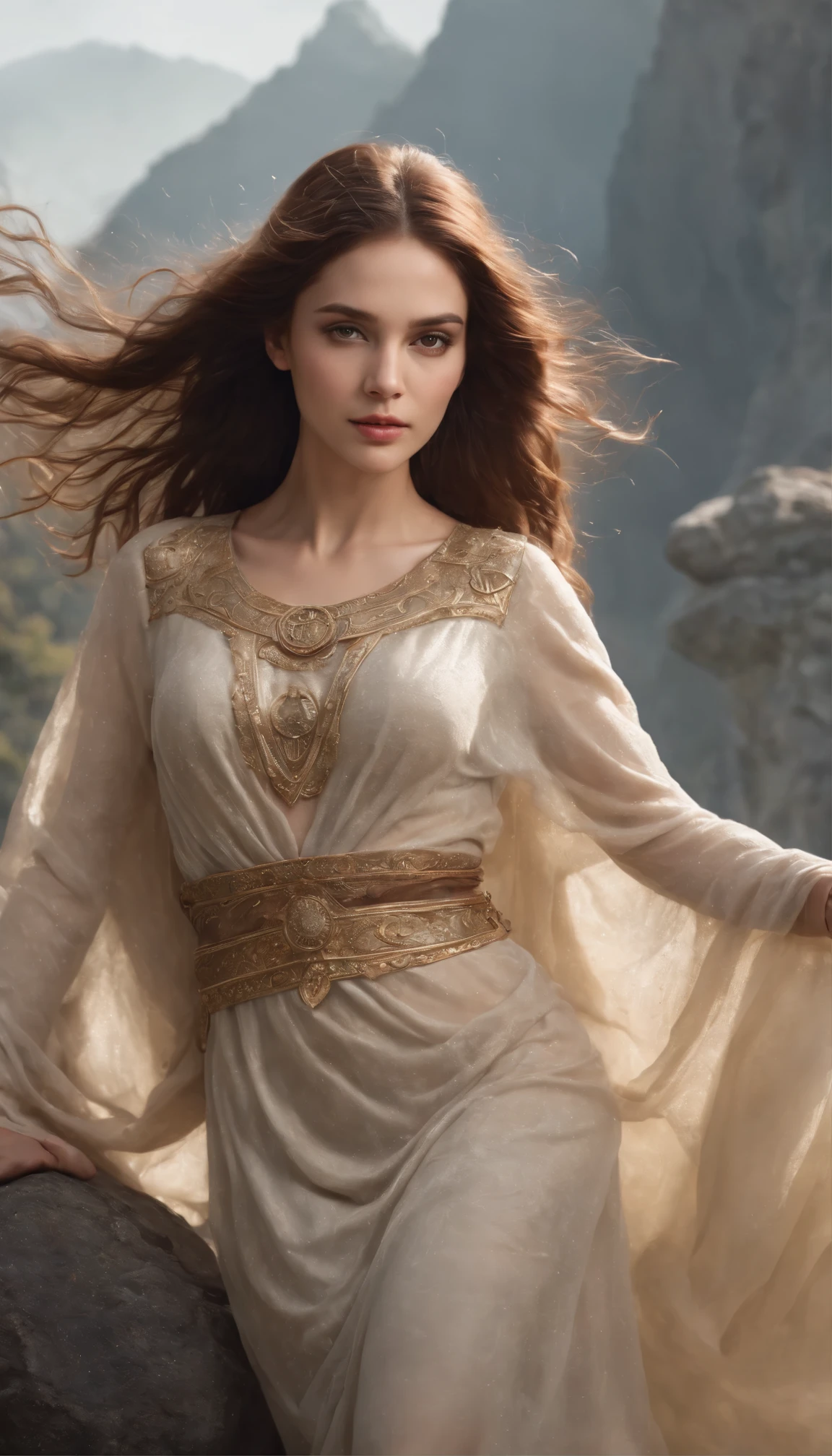 A young beautiful woman, goddess of earth, long wet brown hair, perfect body, perfect round breast, soft and attractive, wearing ancient styled brown linen peplos, standing and starring, stones are floating around her, high resolution, fantasy photo, vivid, medium closed up view, Enter a captivating scene, How energetic stones particles ignite the air around you, Creates a stunningly dynamic atmosphere. Creative lighting styles bathed in brilliant light, mountain light, Harmonizes with rotating rock particles. Crafted with meticulous precision,Render in stunning 10k high resolution, This masterpiece incorporates the artistic medium of digital illustration, Mystical realism, and contemporary surrealism, The ethereal beauty of mountains and stone hills , mountain enhance the sense of magic and wonder.