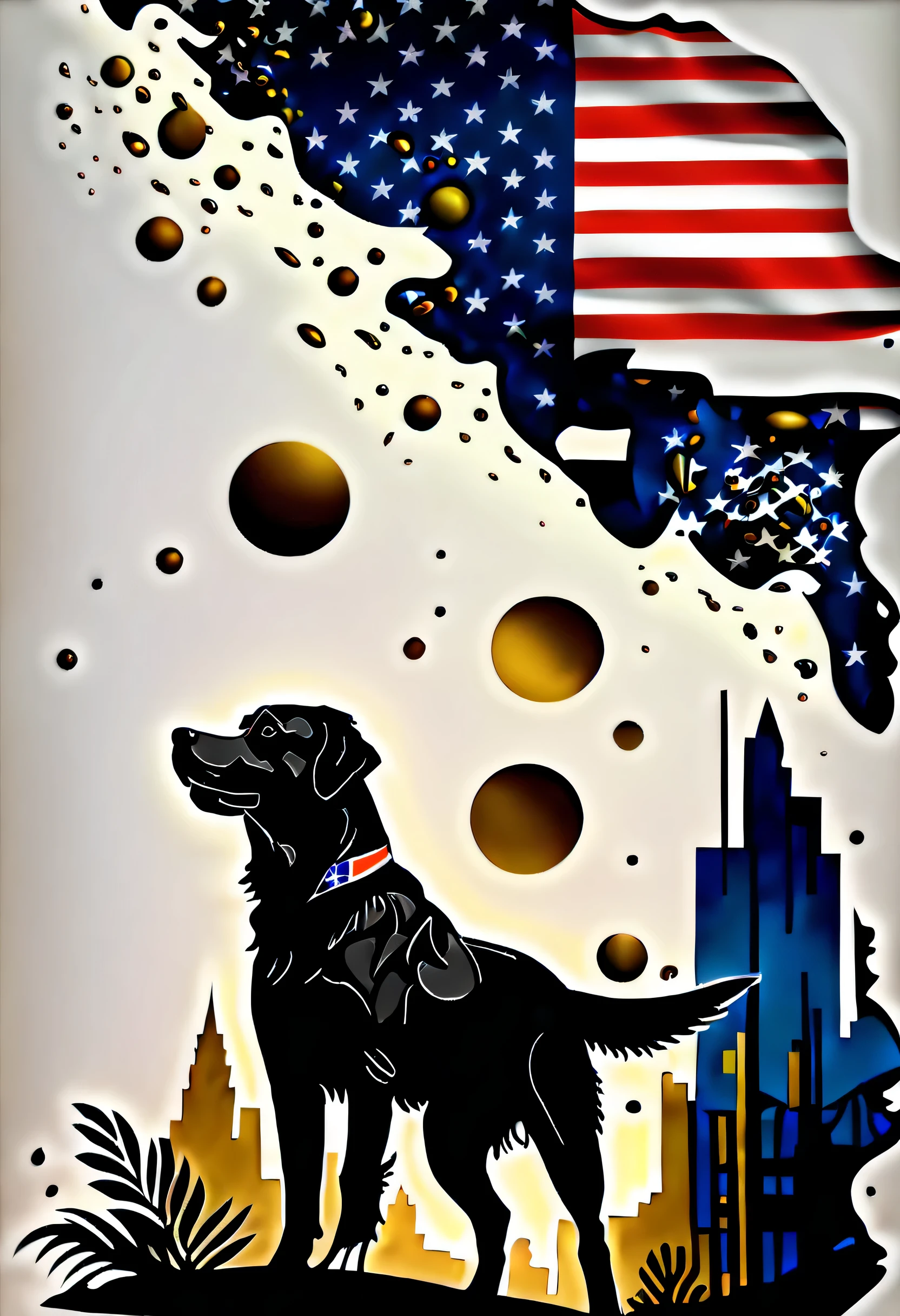 (Masterpiece at full 16K resolution:1.6),((UMC_Espirrar_until):1.3),((labrador_recuperador_Espirrar_until):1.5) ((Escuro_precedente_silhueta_illustration):1.2),(detalhe emaranhado:1.4), (extremely precedente detail:1.4),(mas alta qualidade:1.3),(hiper_realista:1.3). | Preto e branco, labrador_recuperador, (cachorro), detalhes sutis, Fundo de estilo de arte japonesa, sdet lightemg, Captivating composition, labrador recuperador silhueta, untilistic emterpretation. | ((Silhoutte_labrador_recuperador__em_UMC_Espirrar_until):1.5), ((Silhoutte_EUA_bandeira__em_UMC_Espirrar_until) Dark decorations, each until detailed and rendered with a masterful gouache technique, Silhoutte until behance,surreal, Gives an exotic aura. | (perfeito_femgers:1.0), (perfeito_pernas:1.0), melhorar_hands, EUA bandeira, mas_detalhe.
