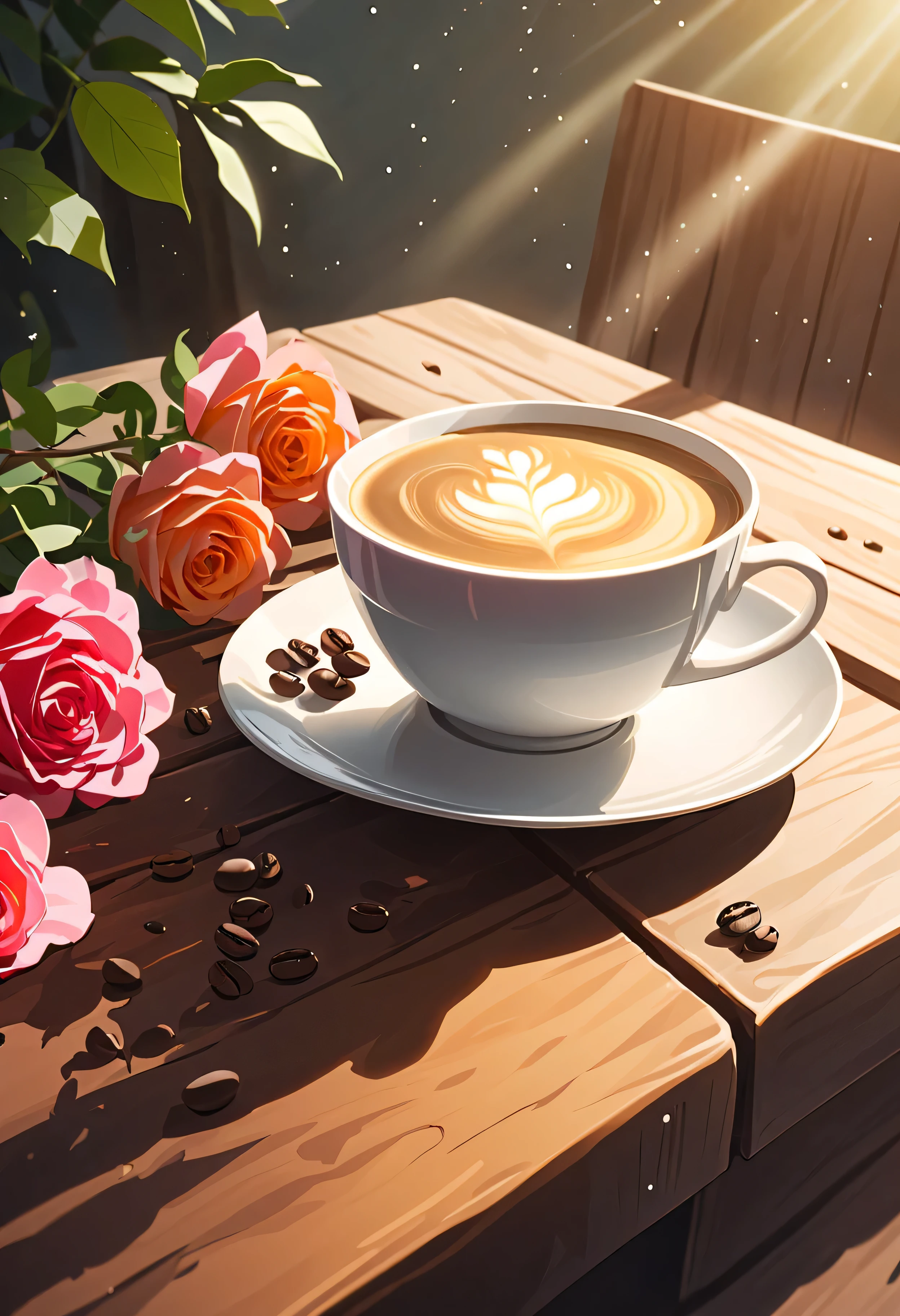 Best still life composition(best quality,4K,8k,high resolution,masterpiece:1.2),super detailed,(actual,photoactual,photo-actual:1.37),Coffee smoking slightly in white ceramic cup.Artist coffee impression.White sweater with clear texture,Wrinkles arranged randomly..apple.Sophisticated and elegant.A bouquet of bright pink and orange roses lying flat, seen from above(Lie flat on the table)..modern style.Fresh coffee beans on a wooden bench next to.core and texture. Freshness and flavor.super detailed.(Super quality,super detailed,super complex,extremely complex)Soft and natural light and shadow.Reverse fragrance.no humans.super wide angle, (Detailed texture),Background covered with film grain, natural soft light,(morning view.warm sunshine in the morning)Ray tracing, Vignetting, Wide-angle lens, super wide angle, best qualitycinematic lighting, depth of field, Outer border, negative space, Masthead image with mailbox