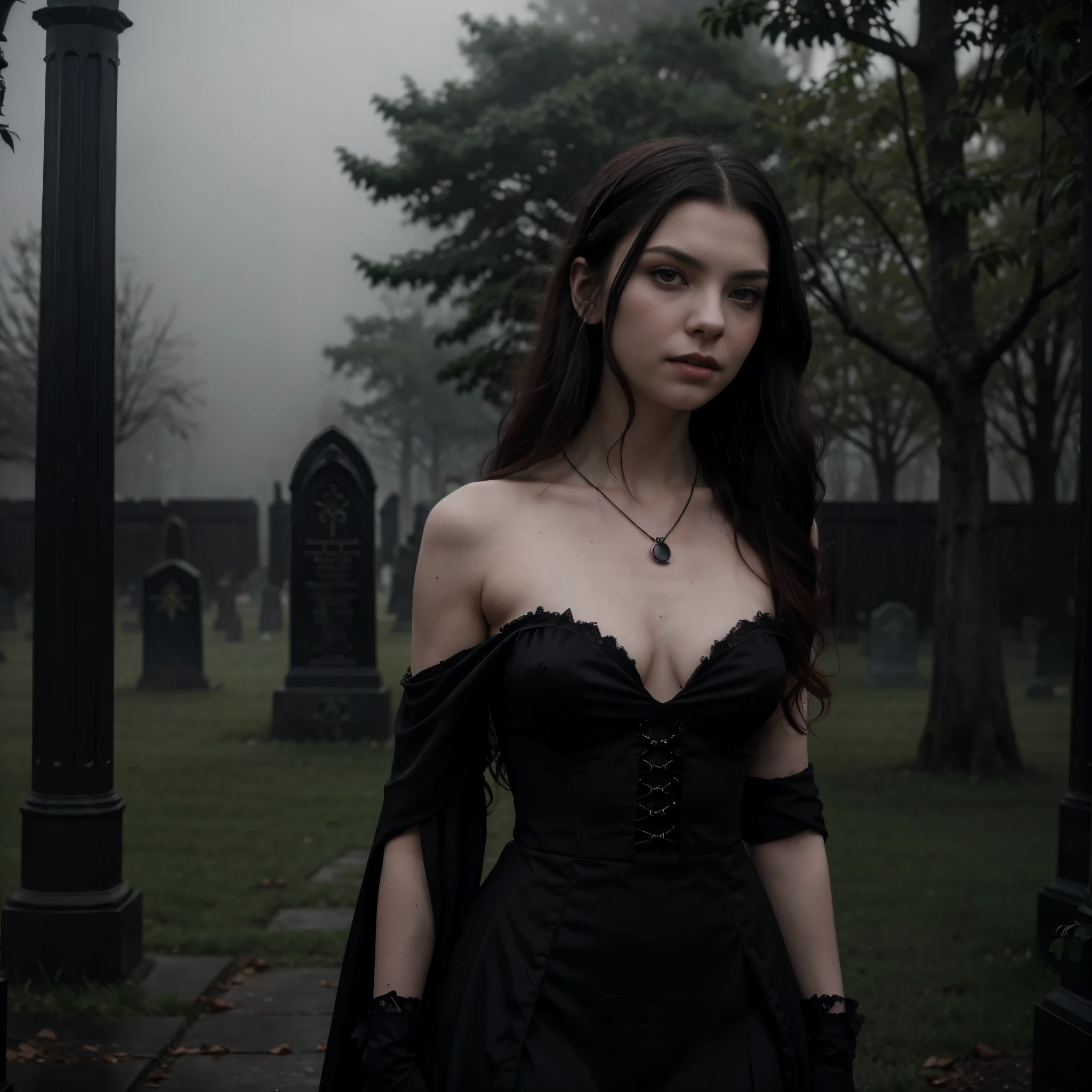 arafed woman in a black dress with short messy wavy black hair and a necklace, promotional still, anya taylor - joy vampire queen, artstyle tom bagshaw, beautiful female vampire, carmilla vampire, portrait of a young witch, vampire fashion, samara weaving vampire, tom bagshaw weta studio, with red hair, photo still, witchy clothing, beautiful female witch in fog filled graveyard, H R Giger style, Photorealistic, 8k
