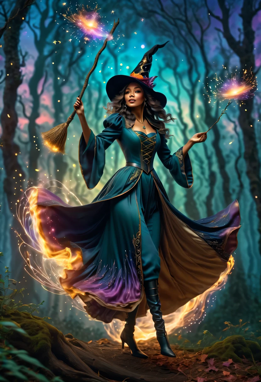 Charming witch flying on a magic broom, Surrounded by colorful clouds, illuminated by golden moonlight, Cast a spell with sparkling meteors, In a mysterious forest filled with glowing fireflies, In her hand she holds an ancient spell book, Wearing a flowing cloak，wearing a pointed hat, Create a magical aura around her. Artwork should be of the best quality, With ultra-detailed and realistic details, bright colors, and a fantastic, fairytale atmosphere.