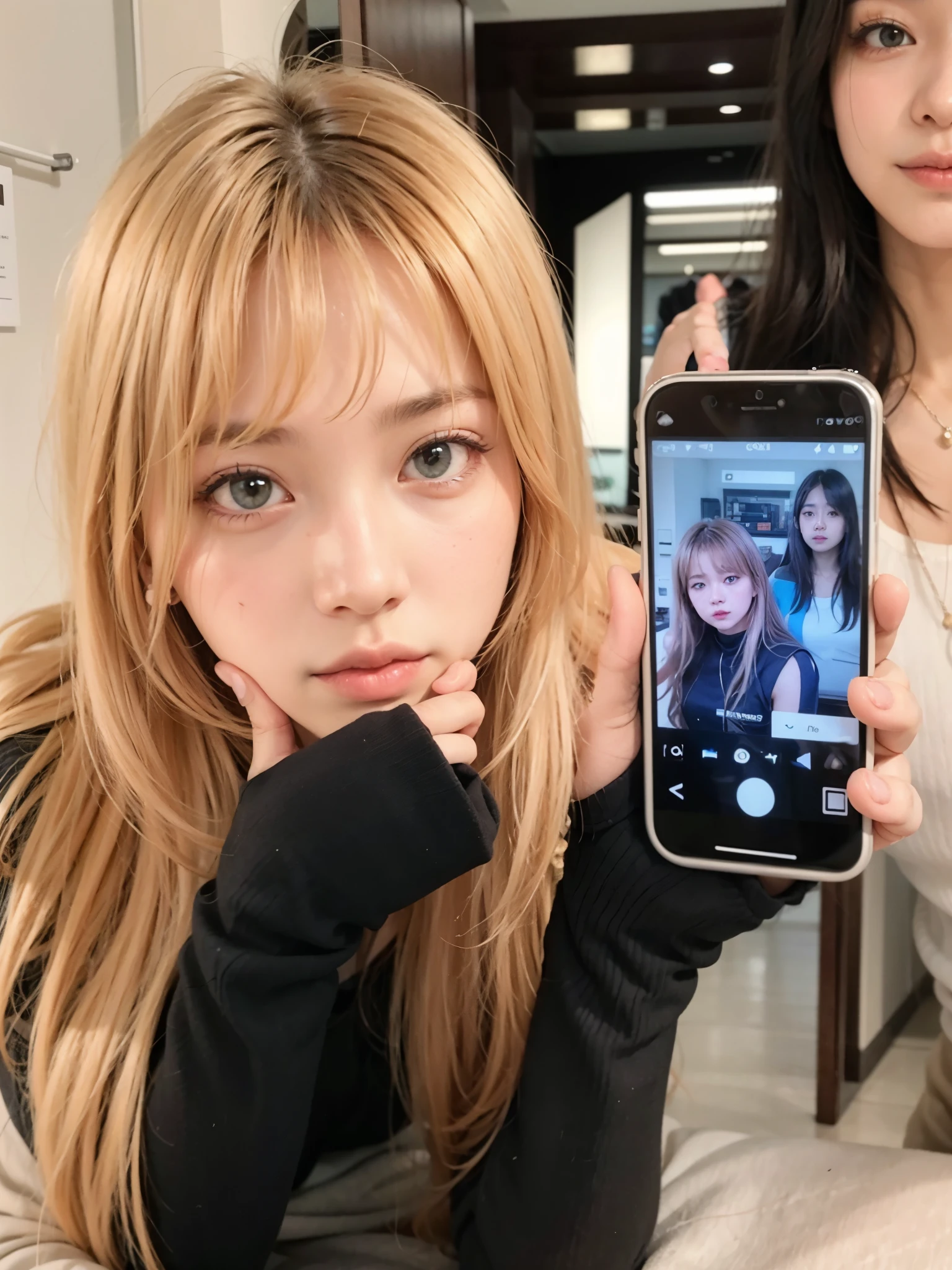 Tall teenage girl, blonde with bangs and blue-green eyes, taking a photo smiling and showing his tongue at the camera with his iPhone 14 in his hand on the street