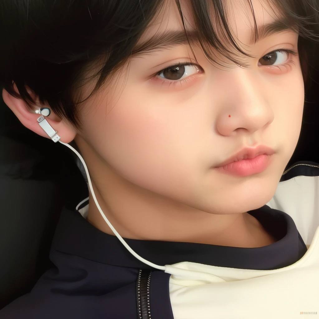 um close de uma pessoa com fones de ouvido deitada, Kim Doyoung, cai xukun, Jinyoung Shin, Jungkook, male Ulzzang, adorable and pale korean face, hyung tae, Hong junho hyung, taejune kim, inspirado em Bian Shoumin, Jinyoung Shin aesthetic, Shin Jeongho, Ulzzang, 1 de 7 anos, rosto magro