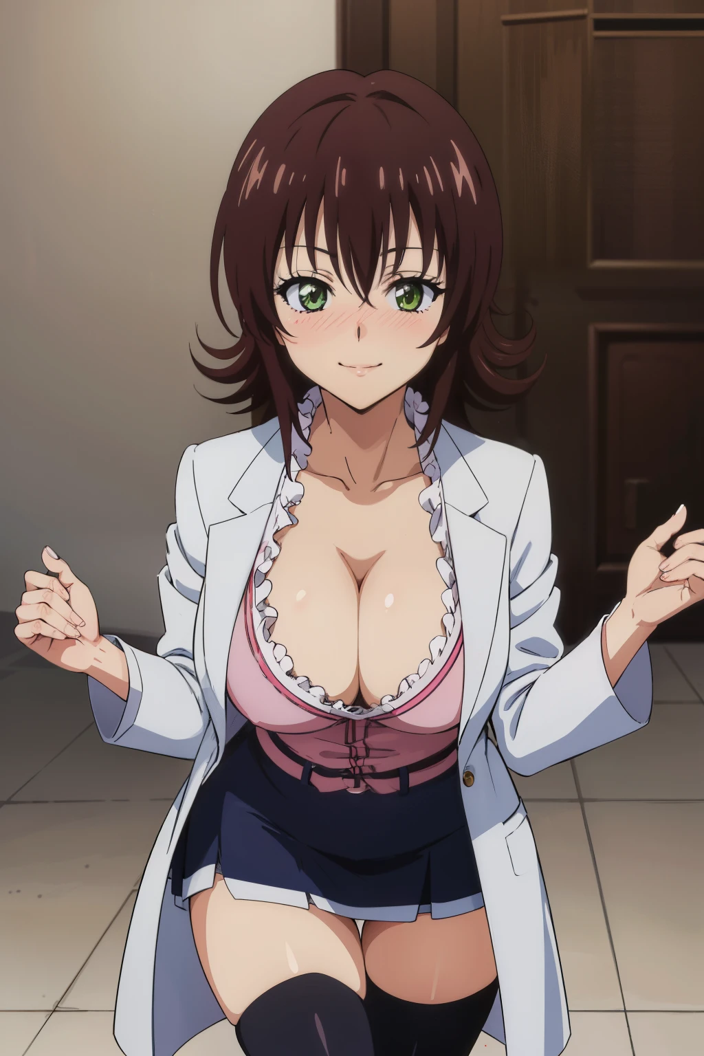 anime screencap, masterpiece, best quality, high resolution, 2D, anime cels, best quality, high resolution, 1woman, mikado ryouko, labcoat, skirt, thighhighs, (large breasts:1.2), cleavage, nose blush, smile, closed mouth, looking at veiwer