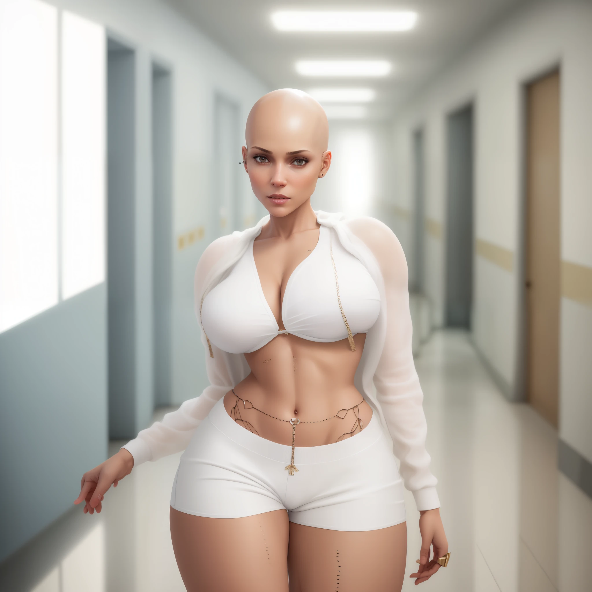 there is a woman in a white top and shorts in a hallway, hyperrealistic , a hyperrealistic , realistic , photorealistic full body, bald head, realistic skin color, photorealistic perfect body, natural skin tone 4k textures, upper body avatar, creepy uncanny valley, photorealistic skin tone, realistic face and body hybrid