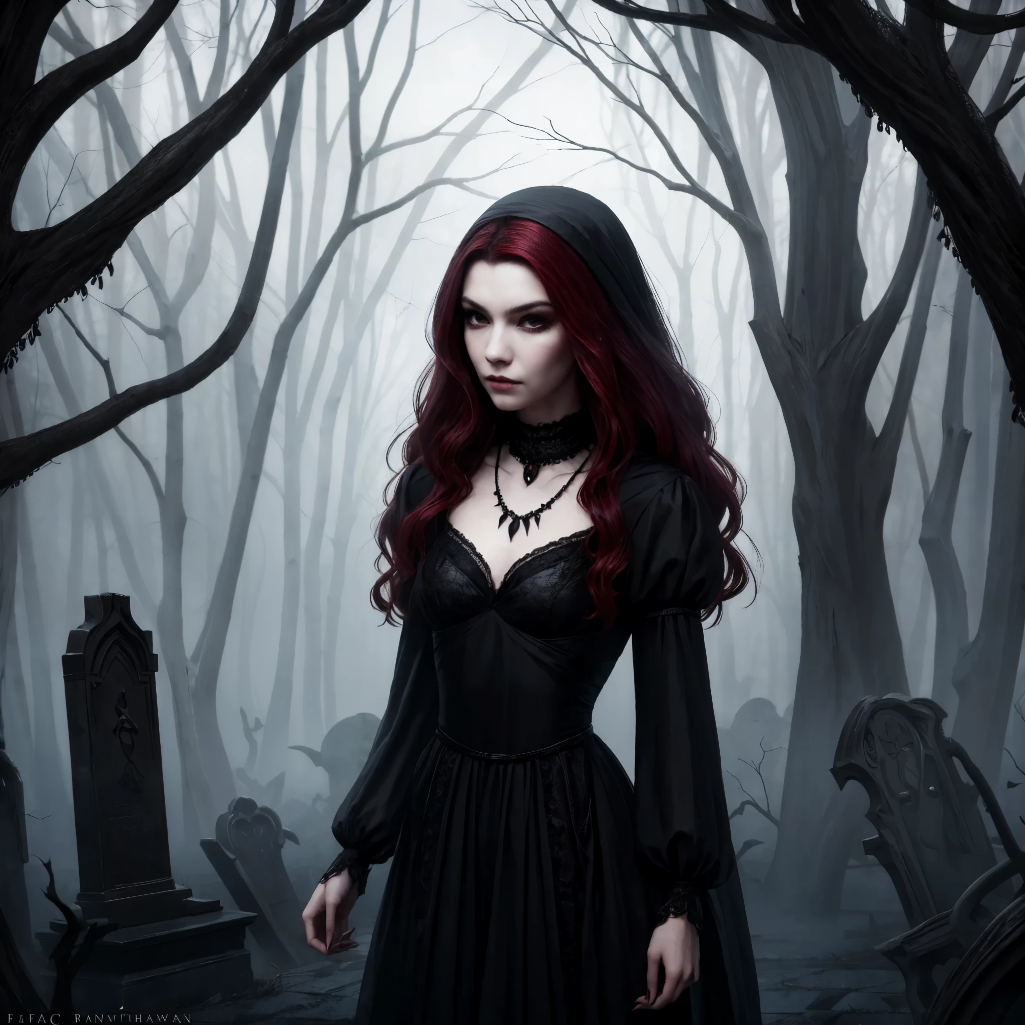 A stylish girl stands out in a horror-themed world, blending fashion with eerie elegance. She wears a black leather trench coat over a crimson velvet dress, the fabric subtly reflecting the dim, flickering lights around her. Her boots are studded and rugged, perfect for navigating the sinister landscape. Dark, smokey eye makeup and deep burgundy lipstick complement her intense gaze. Her hair, styled in sleek waves, falls over her shoulders, adding to her mysterious allure. She accessorizes with silver jewelry, including a choker with a gothic pendant and layered rings. The background features twisted trees and a foggy, moonlit path, enhancing the chilling yet captivating atmosphere around her.