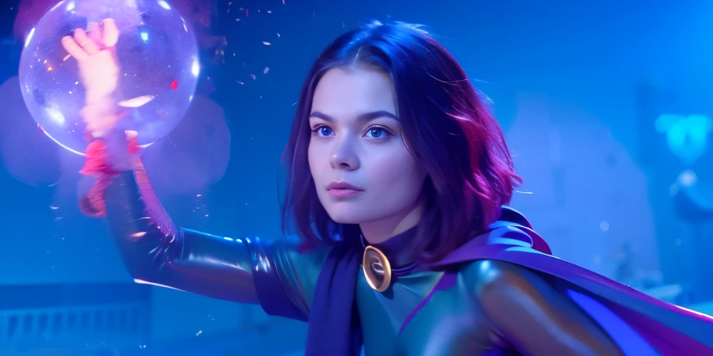 shot of elle fanning, purple short hair, purple eyes, raiven heroin from dc, golden necklace with a red stone, red stone on forehead, golden belt with red stones, golden bracelets with red stones. invoking magic, purple magic, photorealistic, cinematic, overcast, moonlight, 4k resolution, hyperdetailed, cinematic scene composition by james gunn