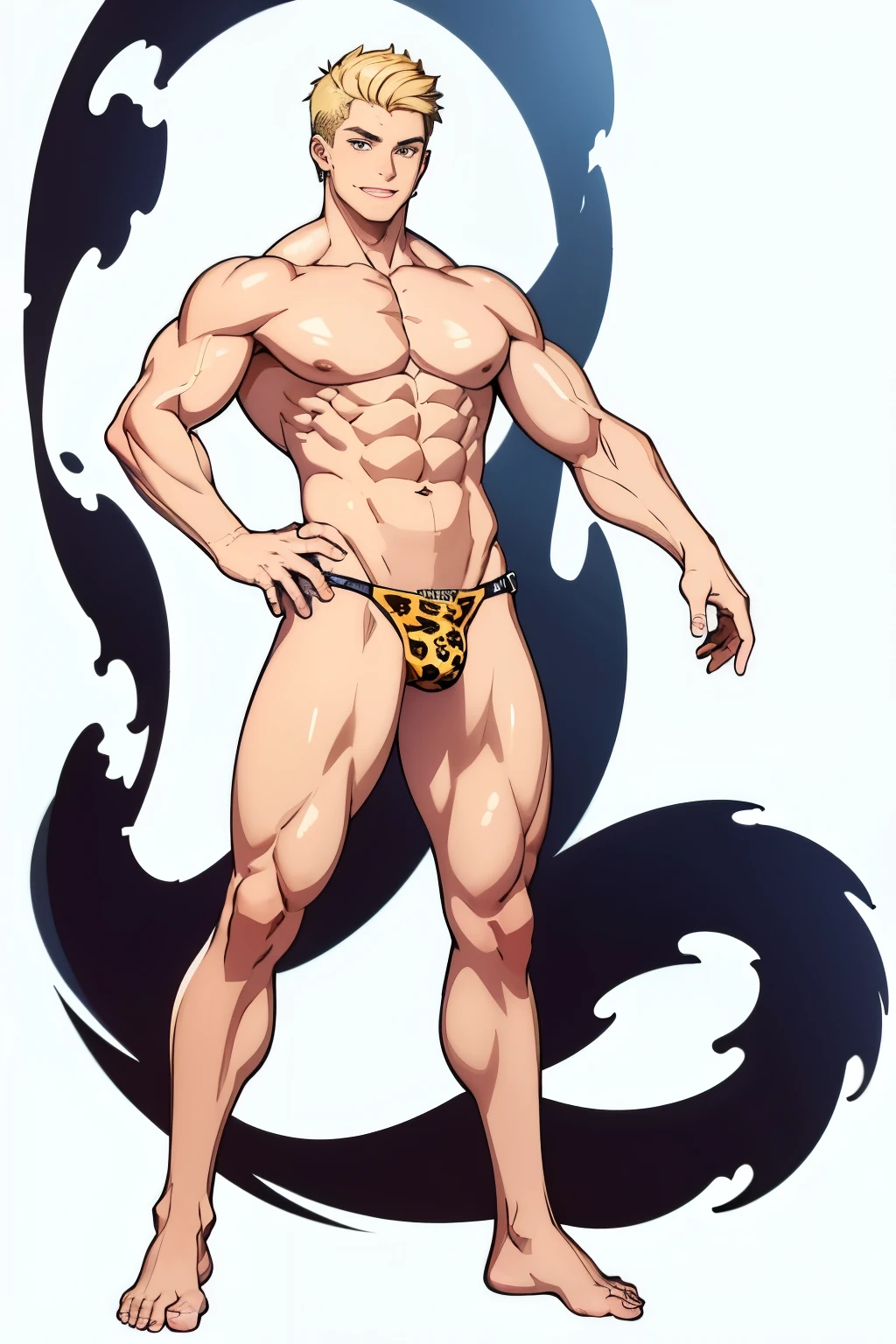 (no background、white background:1.4)、(Standing picture)、10th generation male、1 person、 muscular、big pectoral muscles、he has short blonde hair、 strong jaw line、leopard print bikini, Vulgar is a bad smile、((whole body、stand))、barefoot、
