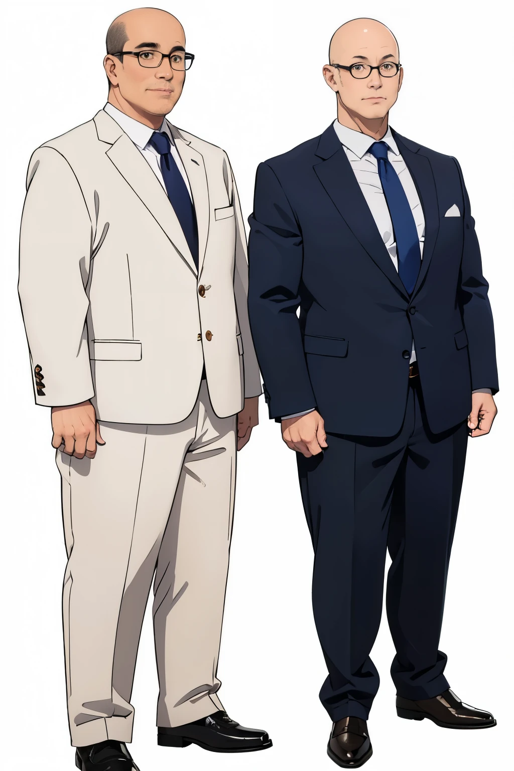 (no background、white background:1.4)、(Standing picture)、Japanese、a man in his 40s、1 person、 Chubby body type、glasses、he has short black hair、Bald head、 strong jaw line、he is wearing a suit, Vulgar is a bad smile、((whole body、stand))、leather shoes、