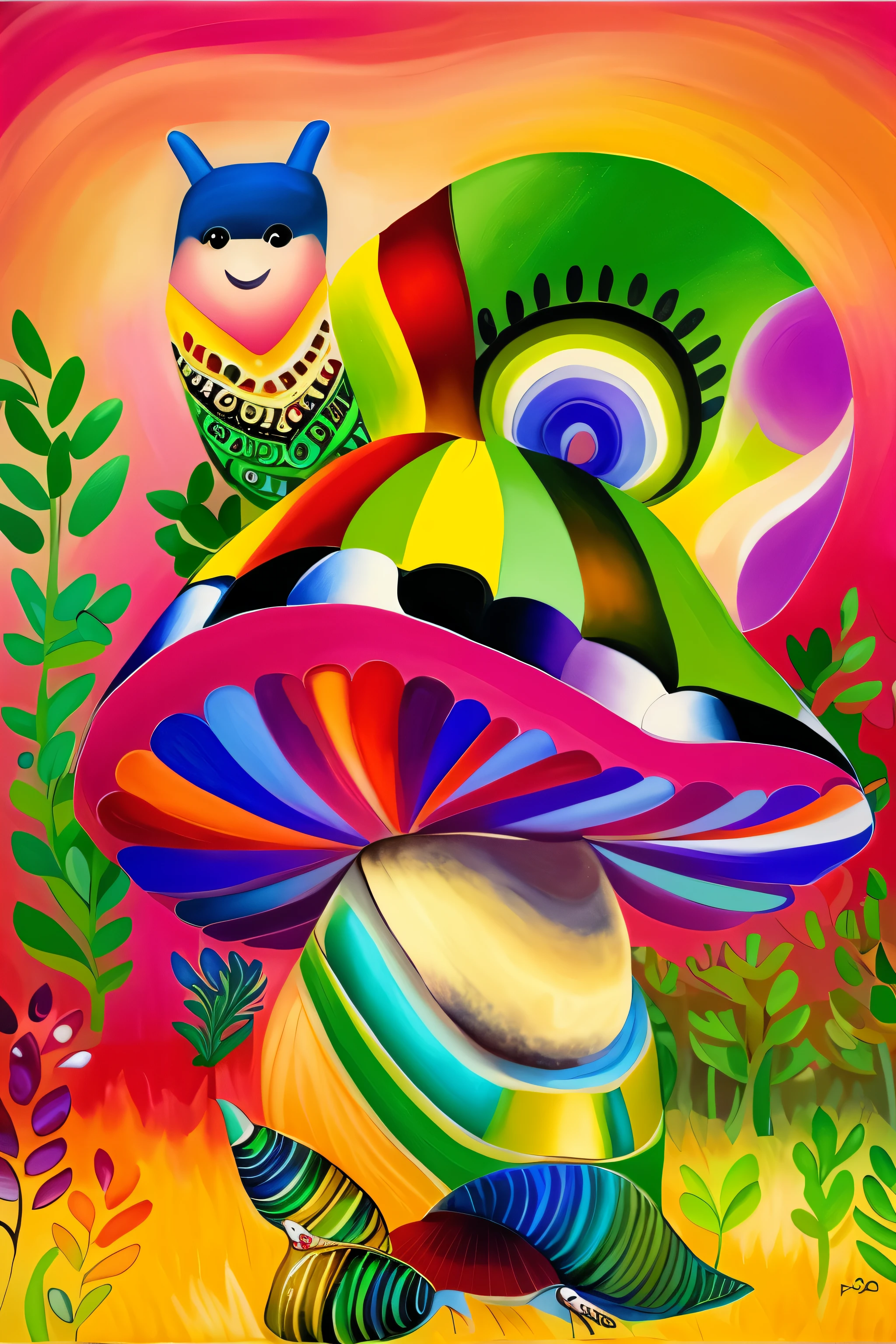 painting of a snail with a hat on its head, inspirado em Maksimilijan Vanka, inspirado em Laurel Burch, inspired by Tarsila do Amaral, whimsical and psychedelic, inspirado em Pacita Abad, inspirado em Henri Rousseau, inspirado em Hundertwasser, inspirado em Georges Lacombe, psychedelic mushrooms dream, inspired by Pál Böhm