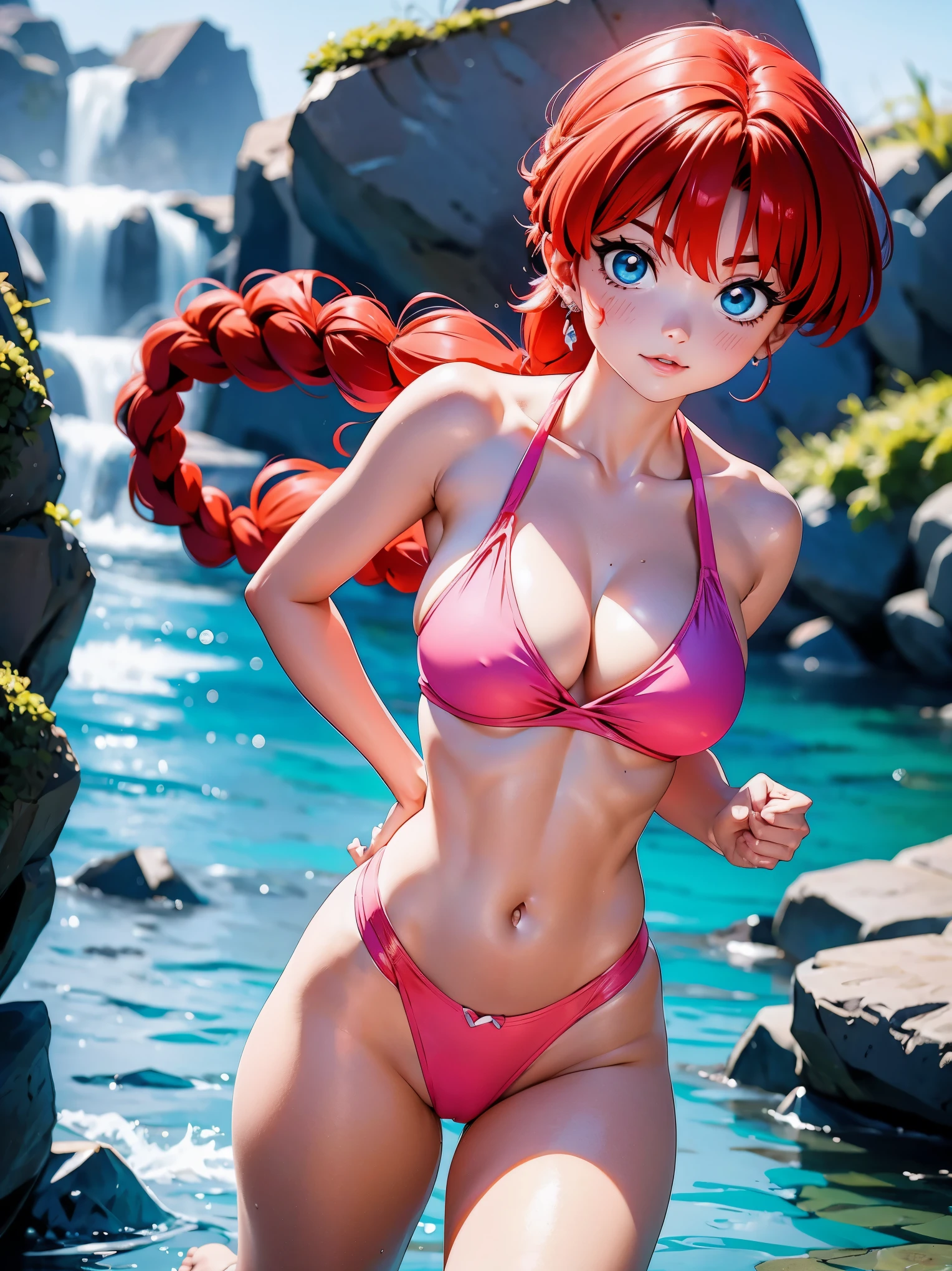 Garota anime ruiva com saia azul blusa rosa pink, , corpo bonito, seios grandes, with your hands behind your head, running your hands through your hair, garota sexy, red hair with braid, gorgeous lighting, sombras suaves, olhos azuis, pernas bonitas, hair with braid, estilo anime, Ranma Chan, Autora Rumiko Takahashi, Baseado em obra de Rumiko Takahashi, Anime Ranma 1/ 2, decote sexy, quadril robusto, corpo inteiro, corpo completo, busto grande, garota jovem com corpo belo e bonito, sandals on the feet, garota 16 anosbaixa estatura, vestindo saia azul e blusa rosa pink lindo, garota anime, estilo anime, beautiful feet in sandals((melhor qualidade)), ((obra de arte)), (detalhado), rosto perfeito