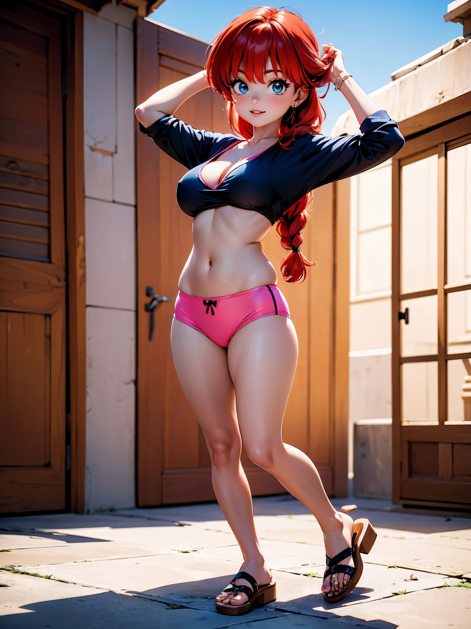 Garota anime ruiva com saia azul blusa rosa pink, , corpo bonito, seios grandes, with your hands behind your head, running your hands through your hair, garota sexy, red hair with braid, gorgeous lighting, sombras suaves, olhos azuis, pernas bonitas, hair with braid, estilo anime, Ranma Chan, Autora Rumiko Takahashi, Baseado em obra de Rumiko Takahashi, Anime Ranma 1/ 2, decote sexy, quadril robusto, corpo inteiro, corpo completo, busto grande, garota jovem com corpo belo e bonito, sandals on the feet, garota 16 anosbaixa estatura, vestindo saia azul e blusa rosa pink lindo, garota anime, estilo anime, beautiful feet in sandals((melhor qualidade)), ((obra de arte)), (detalhado), rosto perfeito