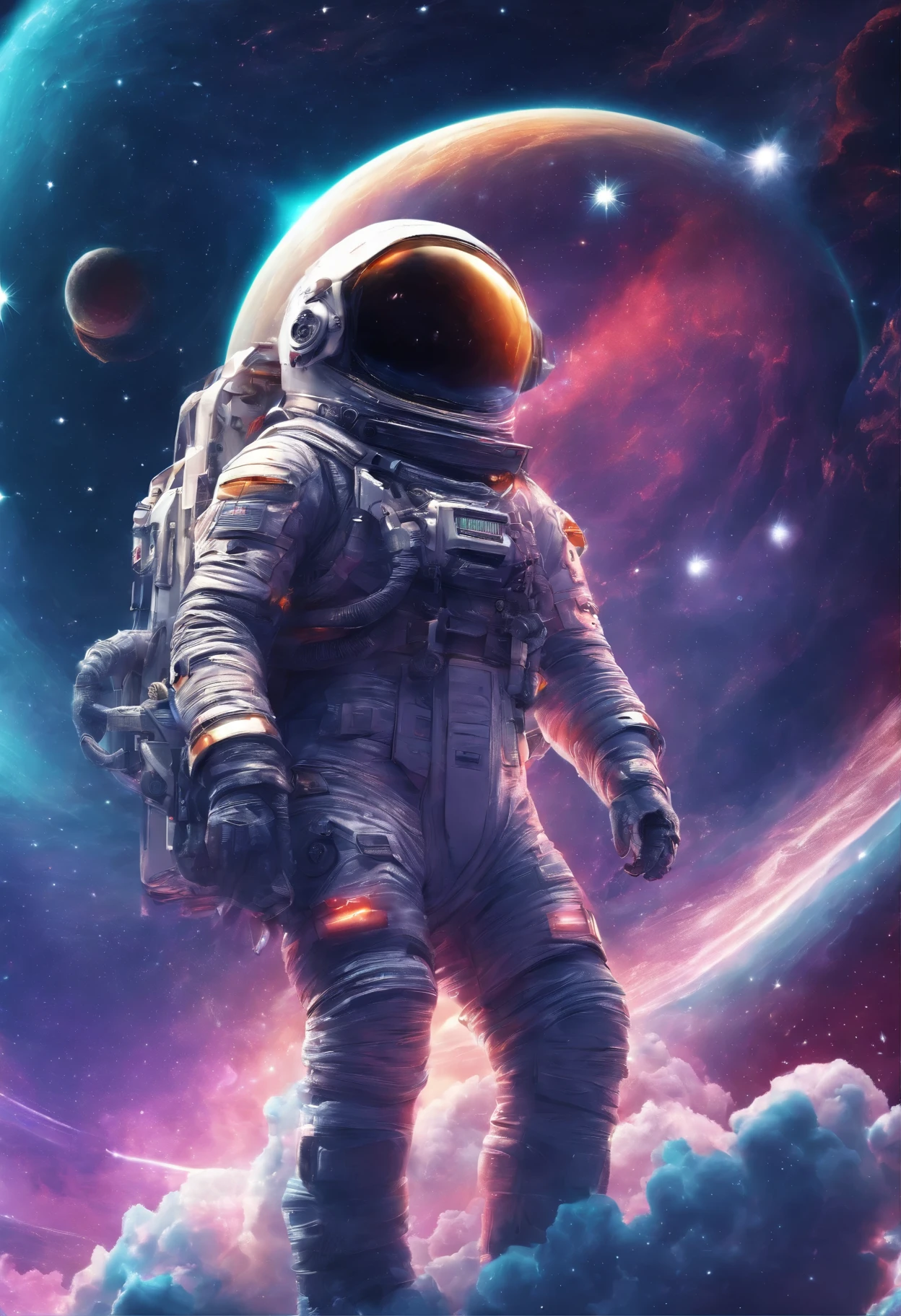 Futuristic astronaut riding on top straddling rocket hyper detailed, concept art,, Galaxy,