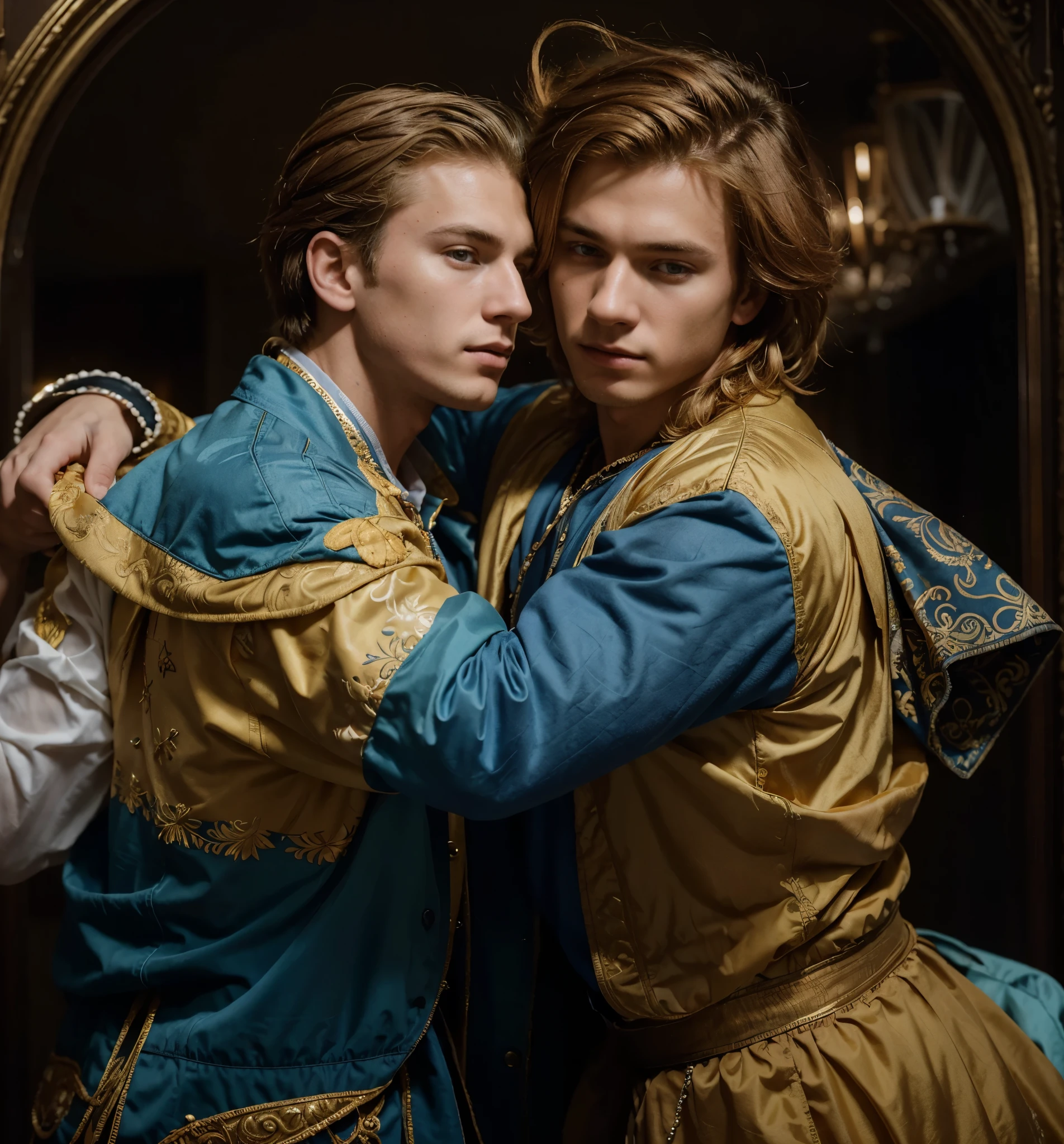 Ultra-realistic cinematic image, 8k The image shows two young MEN in an indoor environment with baroque decoration, suggesting a historical or fantasy era. Both are dressed in opulent, detailed clothing., com tons de azul e amarelo predominantes. The young man on the left has blonde hair with tattoos or decorative designs on his face and is dressed in a white shirt and blue jacket. The young man on the right has wavy orange hair and is wearing a yellow jacket with decorative details. They both seem to be in an intimate moment, with the young man on the left holding the other in a hug. The lighting in the image is soft and gives a sense of dramatic and romantic atmosphere..