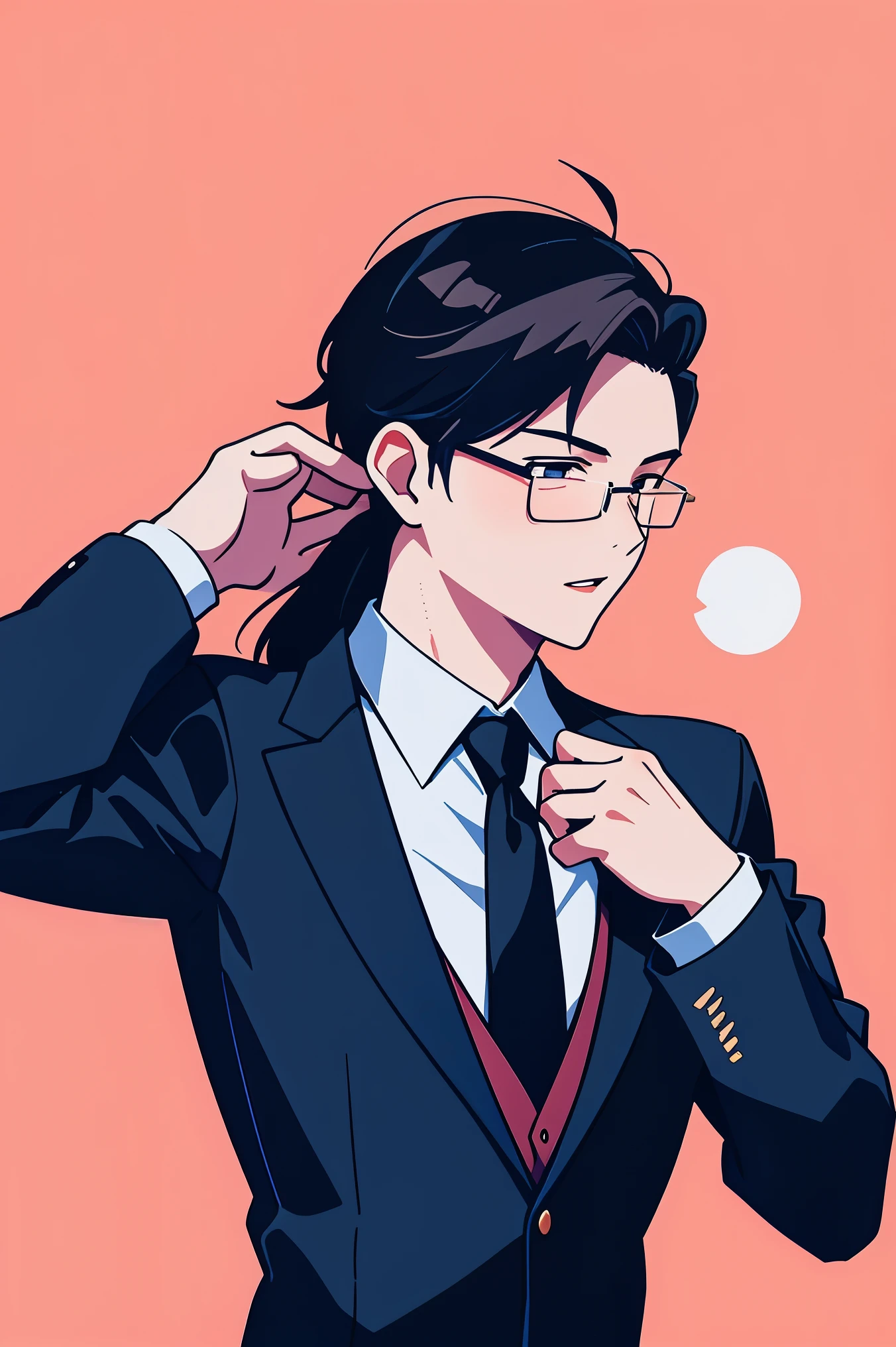 (masterpiece,best quality,ultra_detailed,highres,absurdres),1boy, male focus,solo, black long hair,(glasses:1.1), shirt, black necktie, necktie, simple background, upper body, vest, short hair,parted lips, collared shirt, round eyewear, long sleeves,hand on own shoulder, black shirt, red background, brown vest, jewelry, (looking away:1.2)