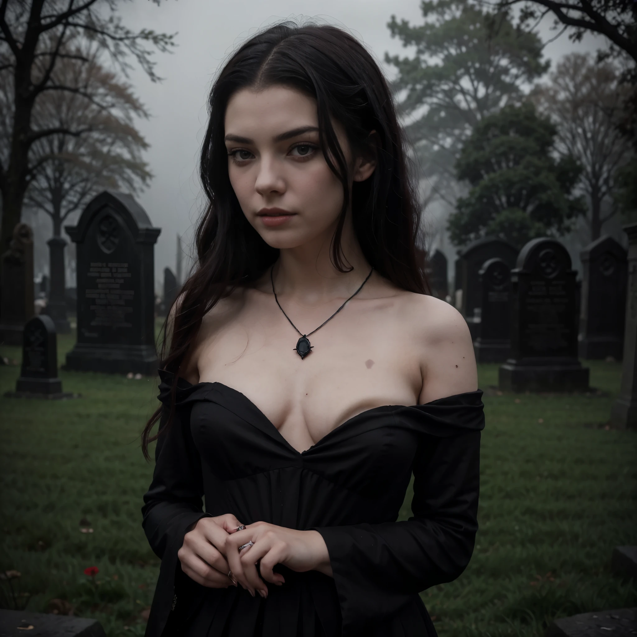 arafed woman in a black dress with short messy wavy black hair and a necklace, promotional still, anya taylor - joy vampire queen, artstyle tom bagshaw, beautiful female vampire, carmilla vampire, portrait of a young witch, vampire fashion, samara weaving vampire, tom bagshaw weta studio, with red hair, photo still, witchy clothing, beautiful female witch in fog filled graveyard, Duotone {red and black}, Photorealistic, 8k
