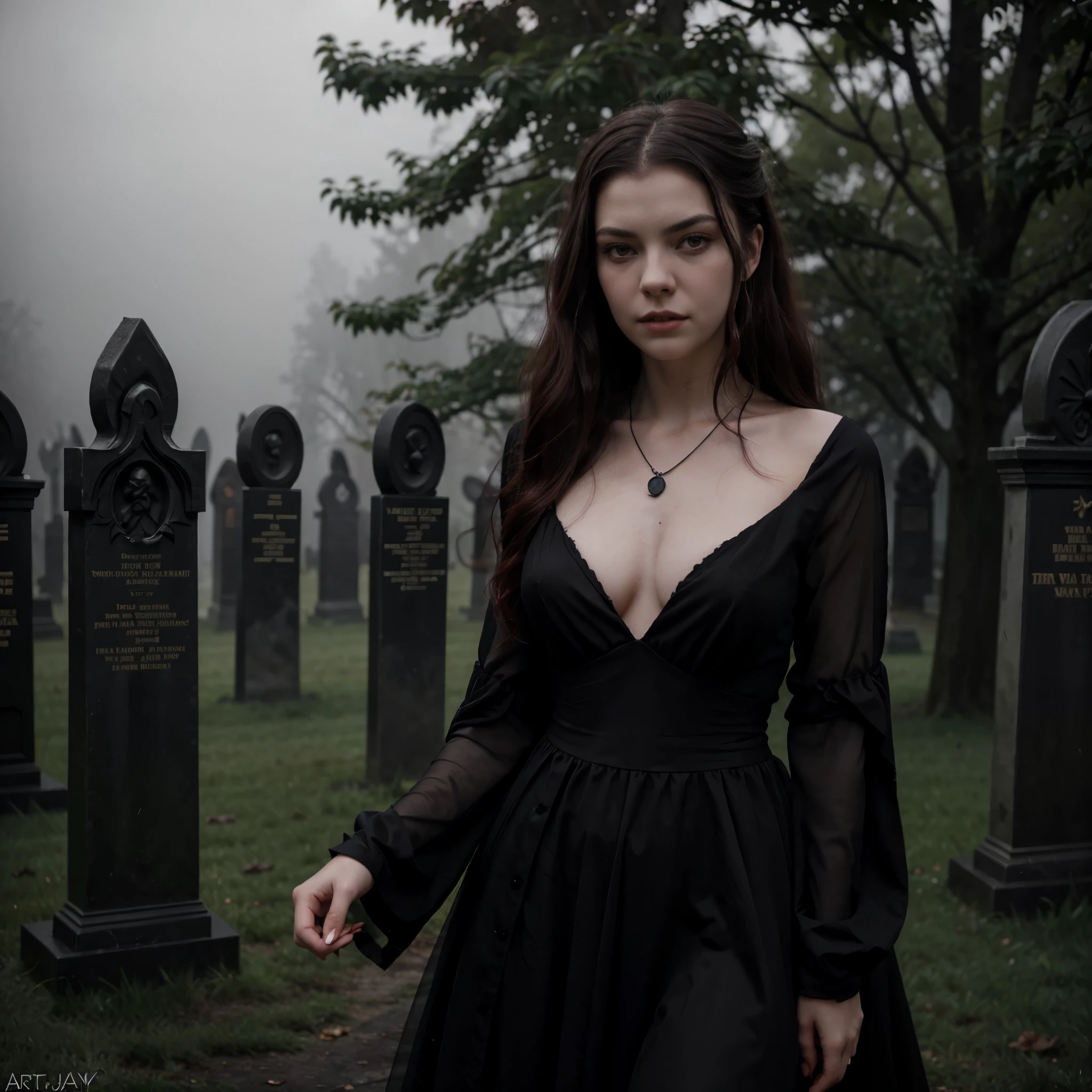 arafed woman in a black dress with short messy wavy black hair and a necklace, promotional still, anya taylor - joy vampire queen, artstyle tom bagshaw, beautiful female vampire, carmilla vampire, portrait of a young witch, vampire fashion, samara weaving vampire, tom bagshaw weta studio, with red hair, photo still, witchy clothing, beautiful female witch in fog filled graveyard, Duotone {red and black}, Photorealistic, 8k